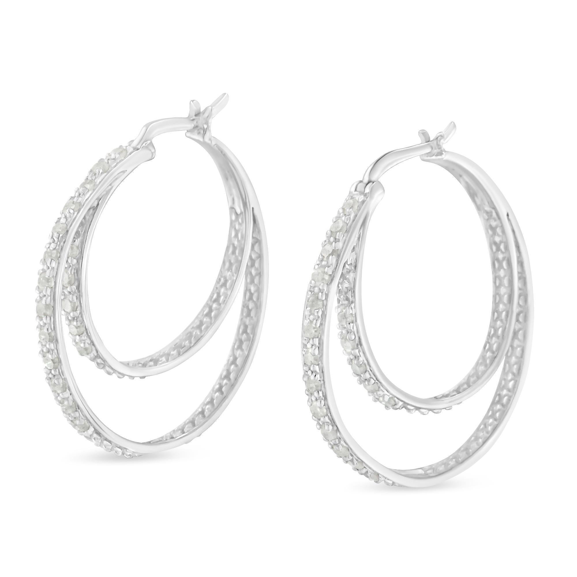 Moderno .925 A. Silver 1/2 cttw Diamond Double Hoop with Latchback Earring in vendita