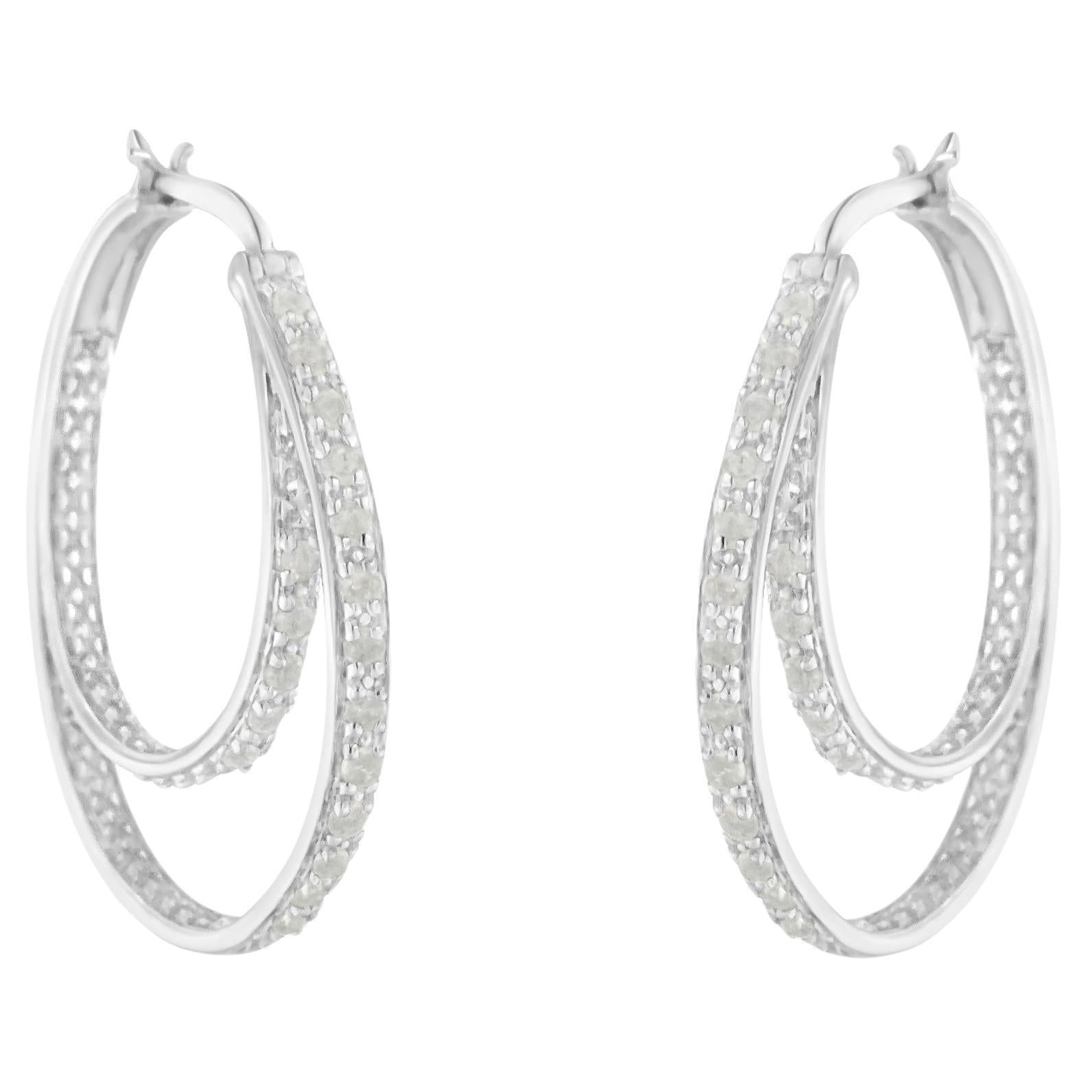 .925 Sterling Silver 1/2 cttw Diamond Double Hoop with Latchback Earring