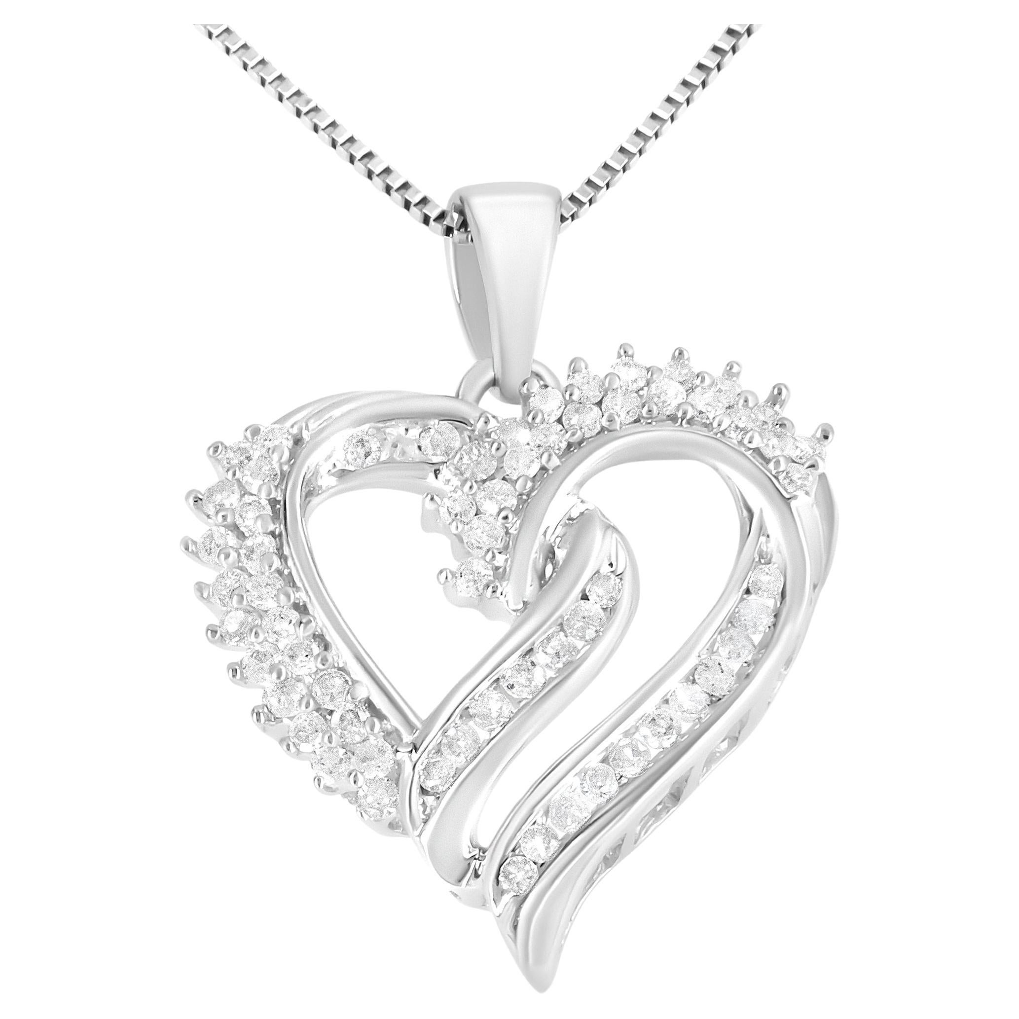 .925 Sterling Silver 1/2 Cttw Diamond Double Row Openwork Heart Pendant Necklace For Sale