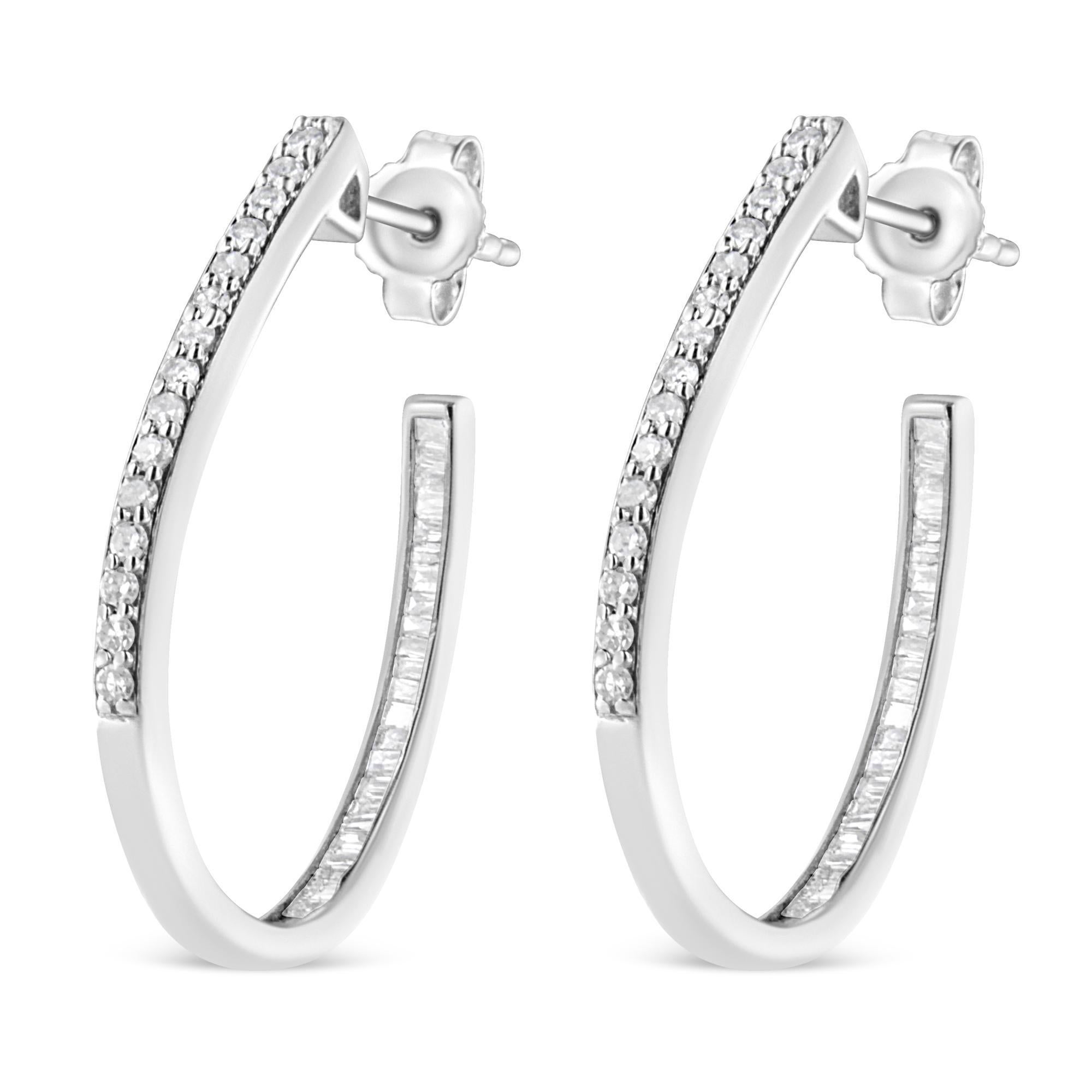 Moderno Orecchini a cerchio in argento 925 con diamante da 1/2 carato all'interno e all'esterno in vendita