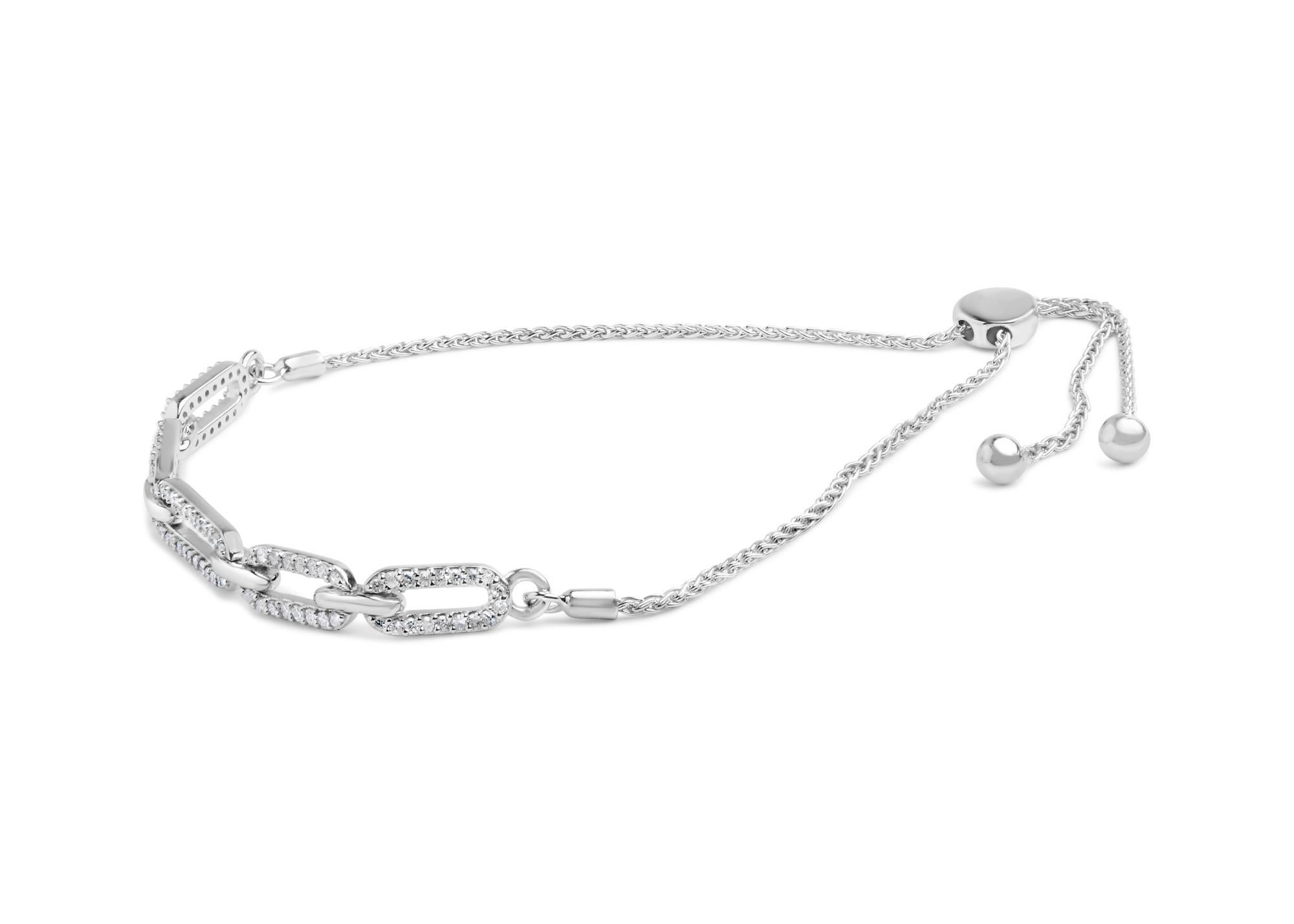 Moderno .925 Argento 925 1/2 Cttw Diamante Paperclip Link Bracciale Bolo Regolabile in vendita