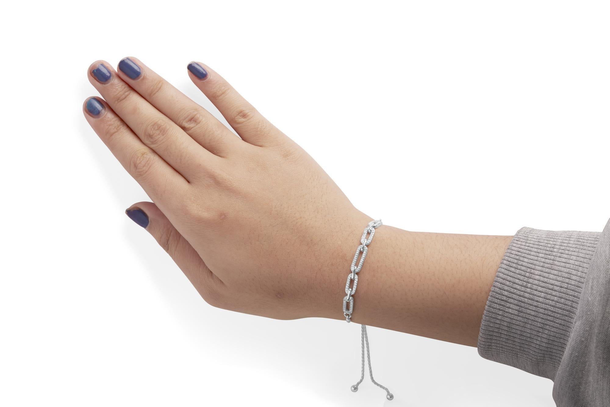 Taglio rotondo .925 Argento 925 1/2 Cttw Diamante Paperclip Link Bracciale Bolo Regolabile in vendita