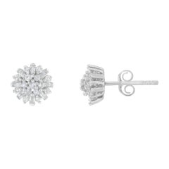.925 Sterling Silver 1/2 cttw Diamond Sunburst Floral Cluster Stud Earring