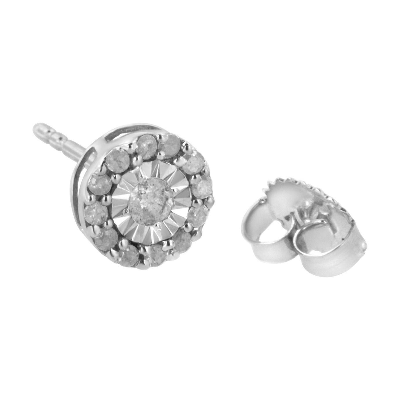 Taille ronde .925 Sterling Silver 1/2 cttw Miracle-Set Round Diamond Halo Earrings (Boucles d'oreilles Halo à diamants ronds) en vente