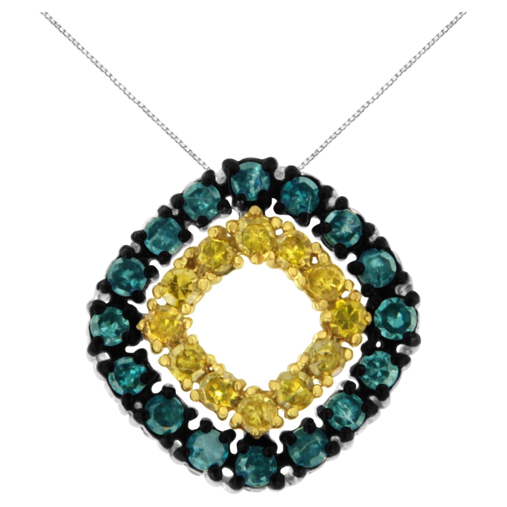 .925 Sterling Silver 1/2 Cttw Treated Blue and Yellow Diamond Pendant Necklace (Collier avec pendentif en diamant bleu et jaune traité) en vente