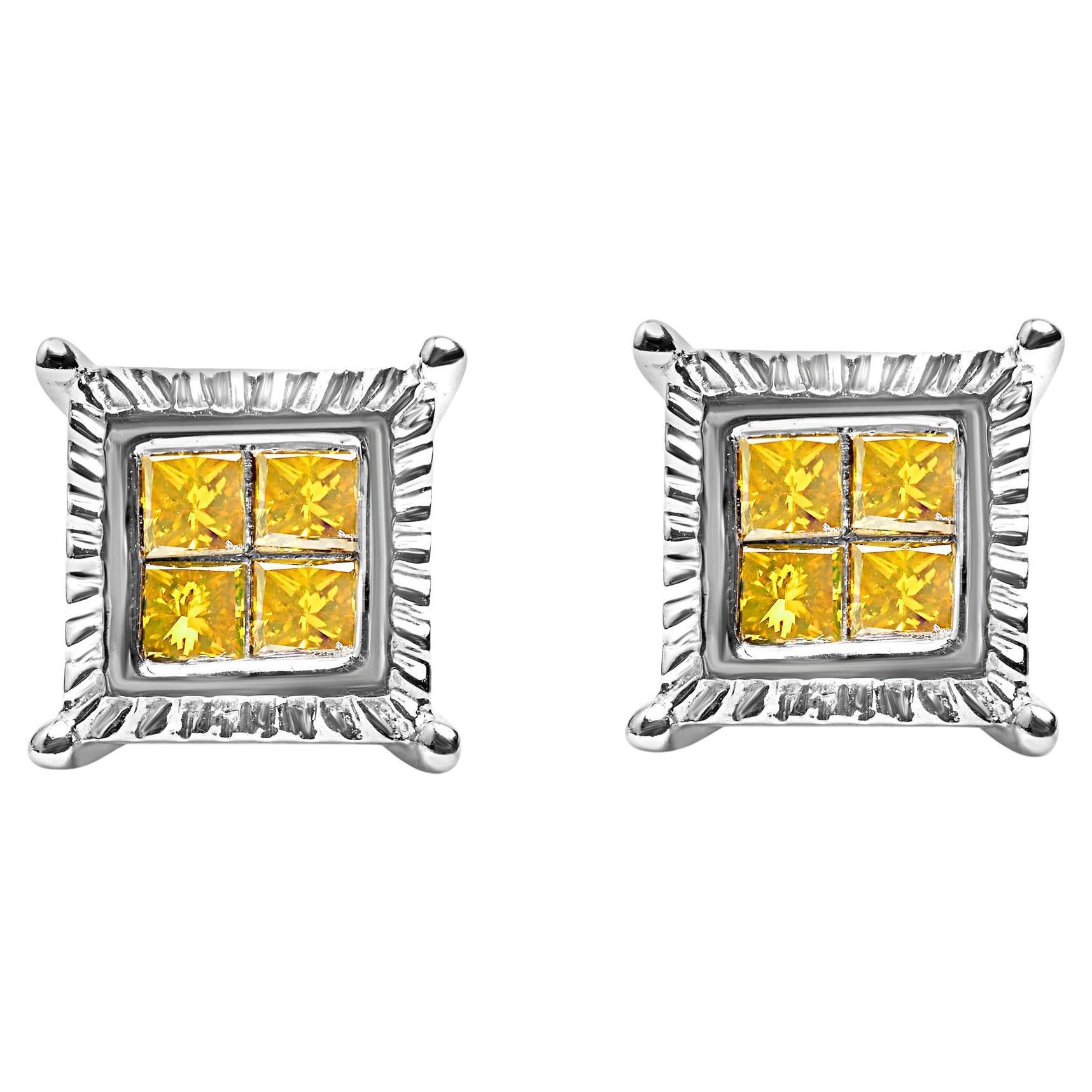 .925 Sterling Silver 1/2 Cttw Yellow Princess Diamond Quad Stud Earring For Sale