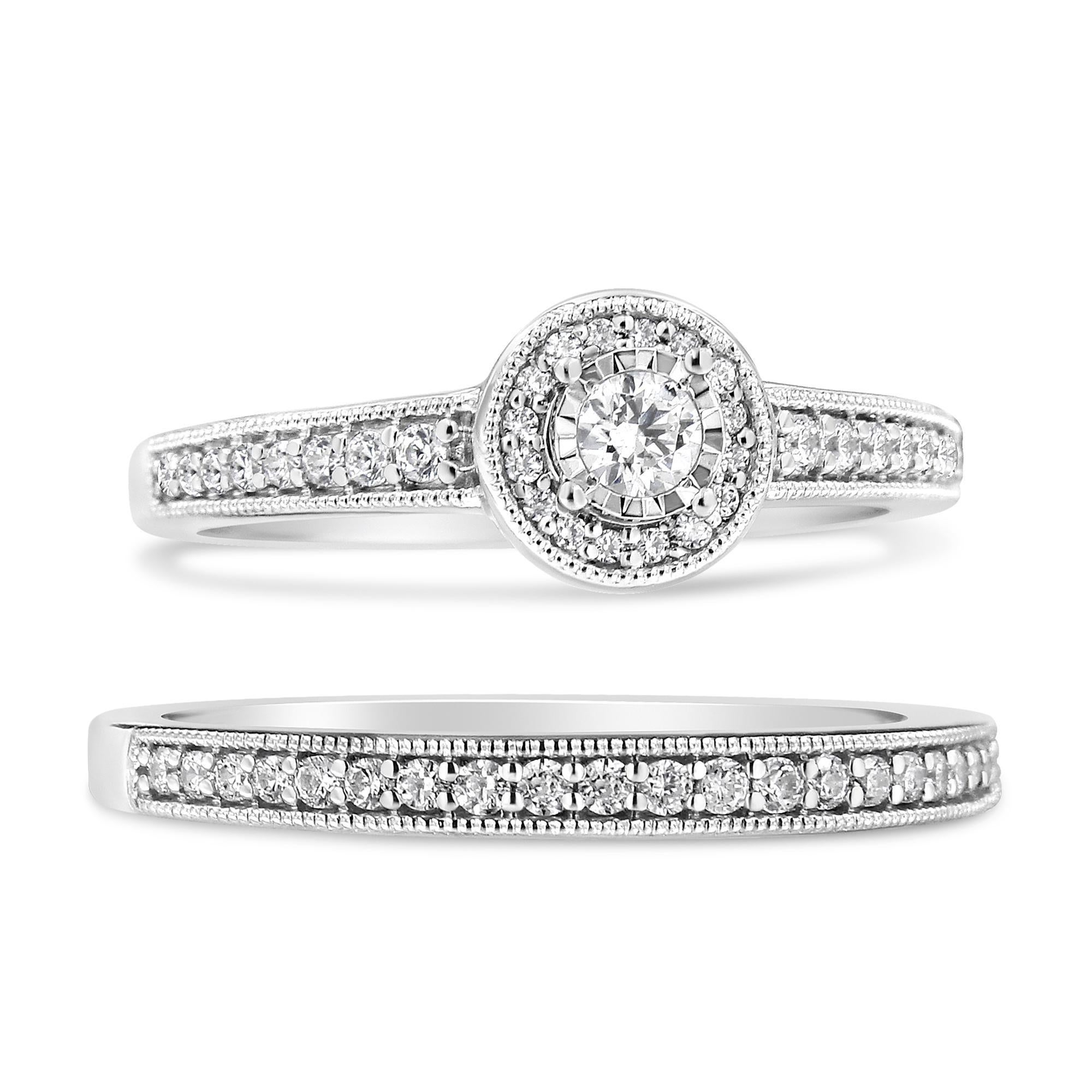 Immergiti nella pura eleganza di questa parure da sposa, splendidamente realizzata in argento 925 rodiato che promette non solo una brillante lucentezza ma anche una qualità duratura. Al centro dell'anello di fidanzamento c'è uno splendido diamante