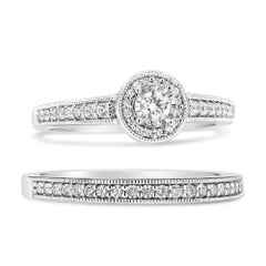 .925 Sterling Silver 1/2 Ctw Diamond Halo Milgrain Engagement Ring Bridal Set
