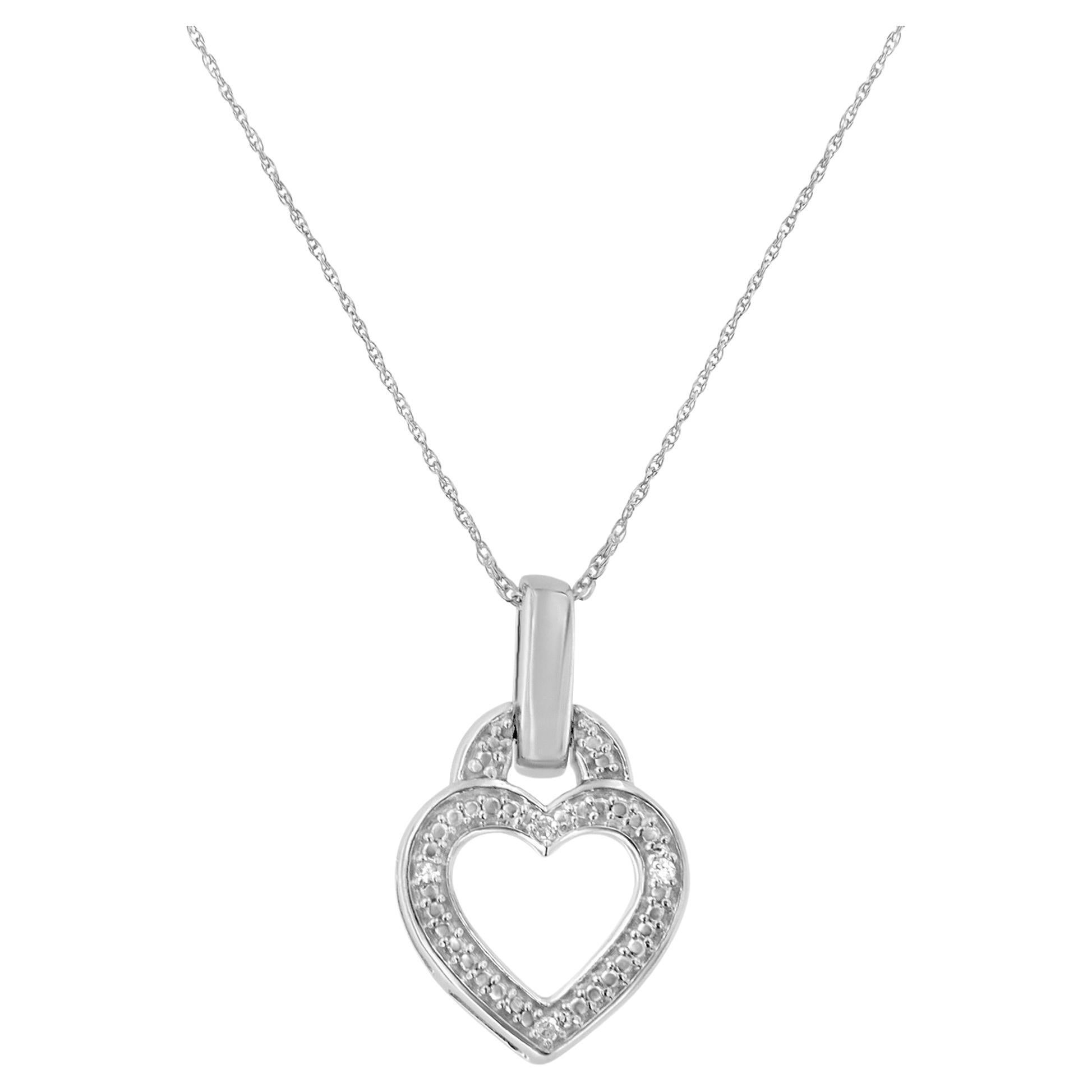 .925 Sterling Silver 1/20 Carat Round Cut Diamond Heart Pendant Necklace For Sale