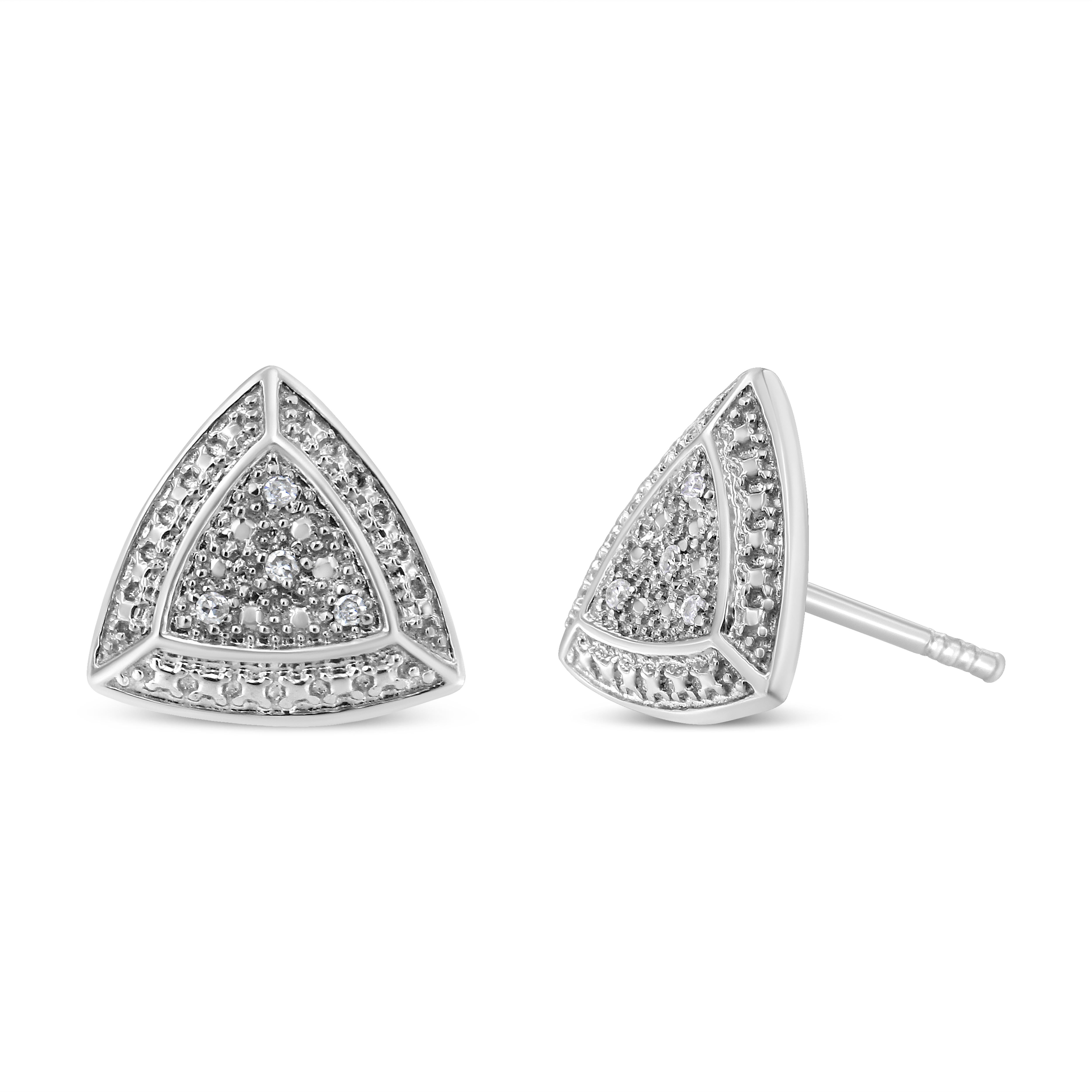 Brighten up your face by wearing these sterling silver stud earrings. Designed in a triangular shape, the pair of earrings is lavishly enriched with pave set round cut diamonds. Defining true elegance with unmatched craftsmanship, the jewel comes