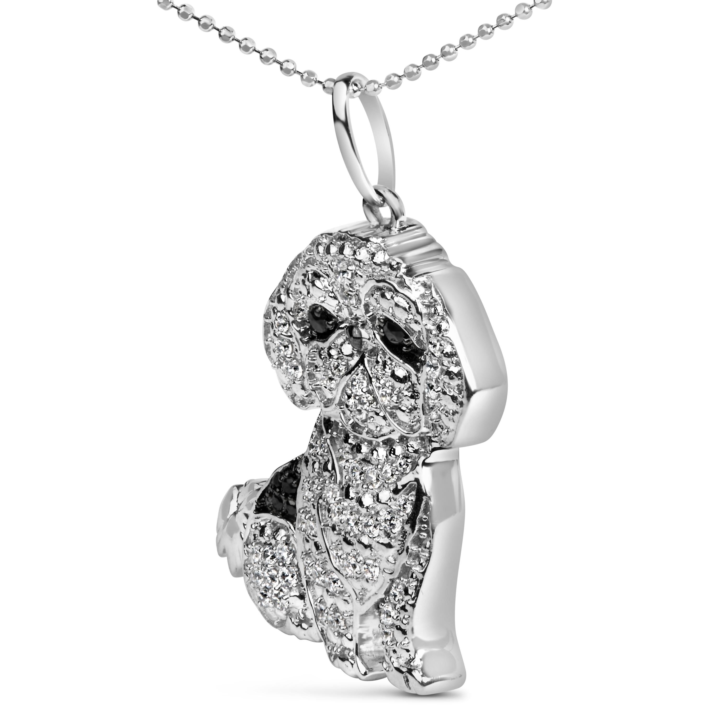 Modern .925 Sterling Silver 1/2ct White and Black Diamond Shih Tzu Dog Pendant Necklace For Sale
