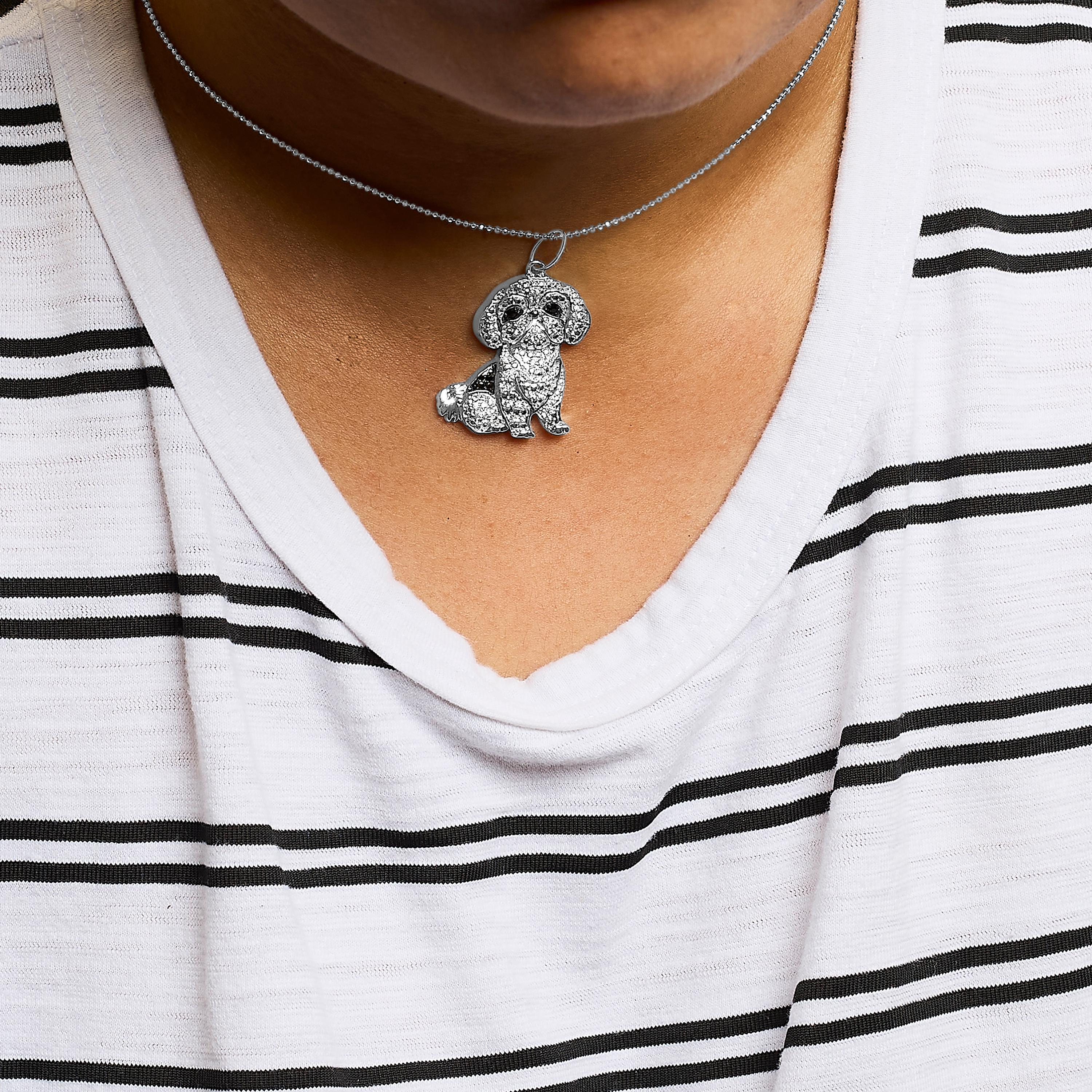 .925 Sterling Silver 1/2ct White and Black Diamond Shih Tzu Dog Pendant Necklace In New Condition For Sale In New York, NY