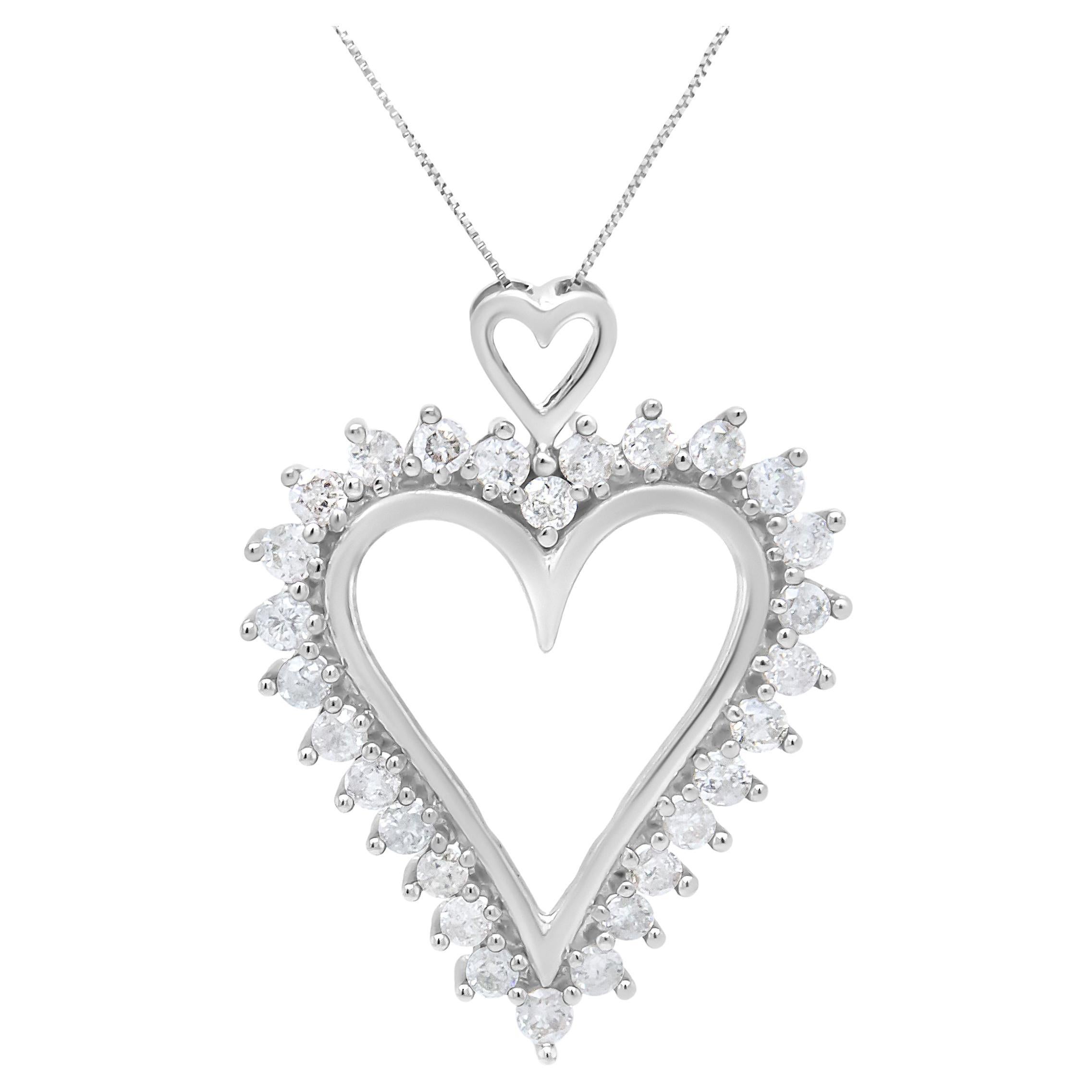 .925 Sterling Silver 1 3/4 Carat Round Diamond Lined Open Heart Pendant Necklace For Sale