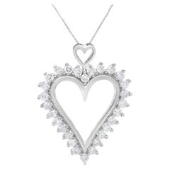 .925 Sterling Silver 1 3/4 Carat Round Diamond Lined Open Heart Pendant Necklace