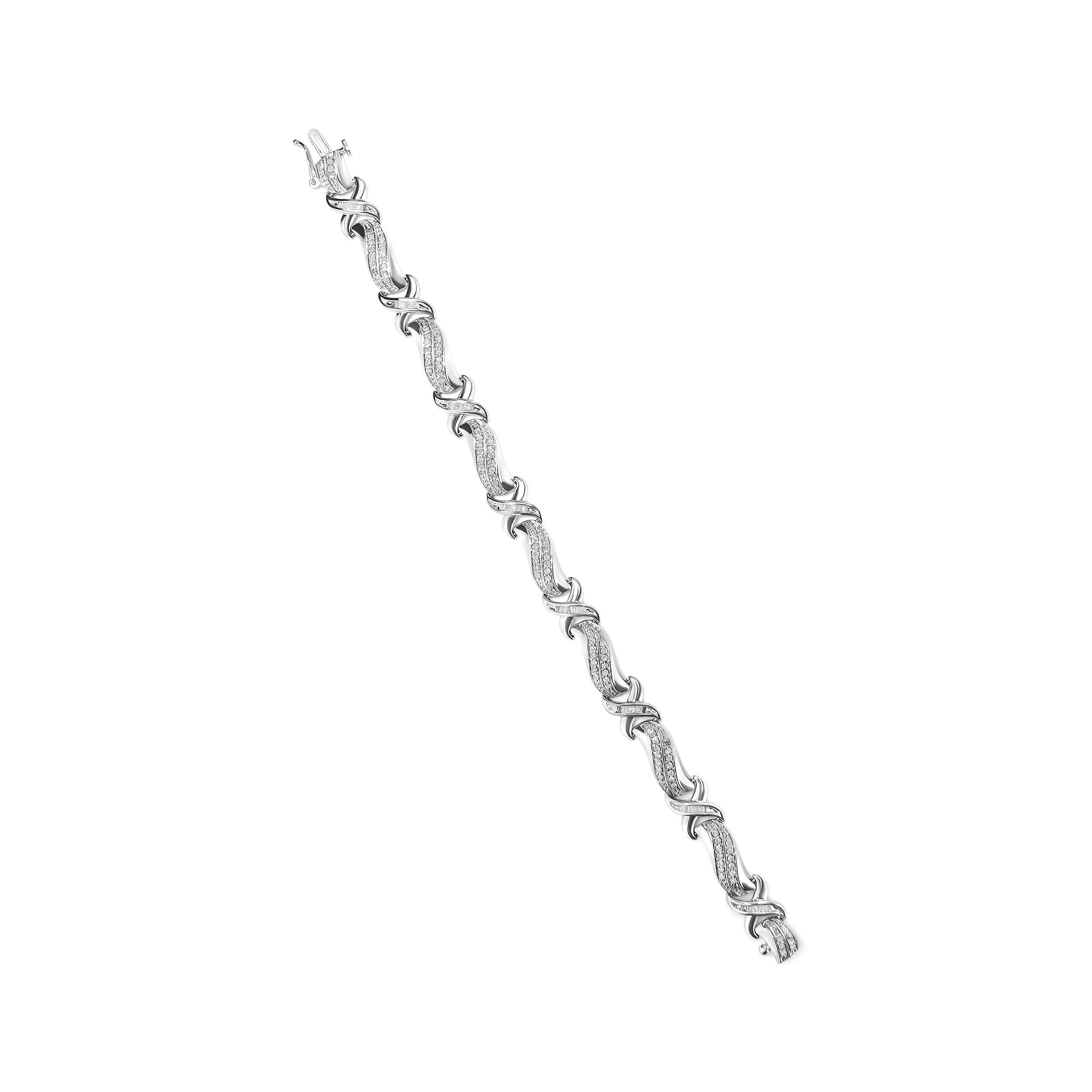 Round Cut .925 Sterling Silver 1 3/4 Carat Diamond Wave and X Link Tennis Bracelet For Sale