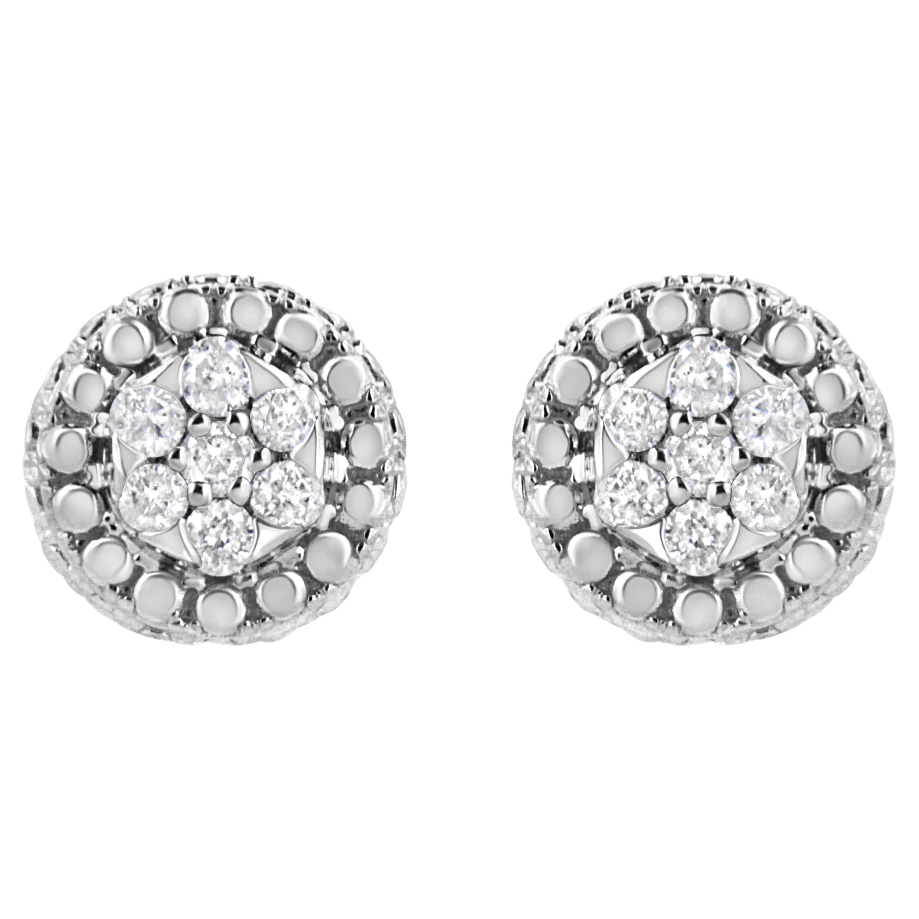 .925 Sterling Silver 1/3 Carat 7 Stone Pave Set Diamond Beaded Stud Earrings For Sale