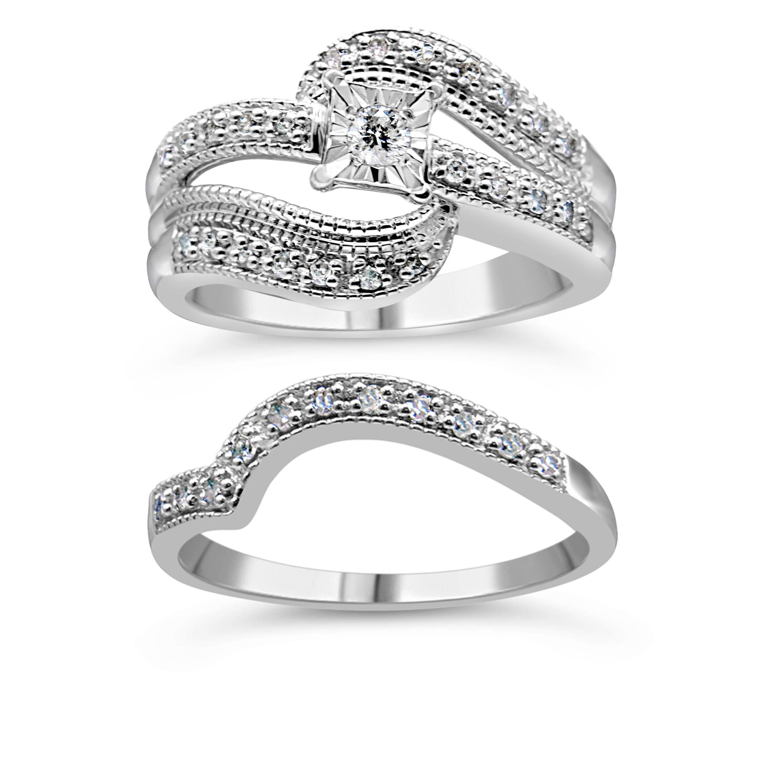 For Sale:  .925 Sterling Silver 1/3 Carat Diamond Crisscross Engagement Ring Bridal Set 2