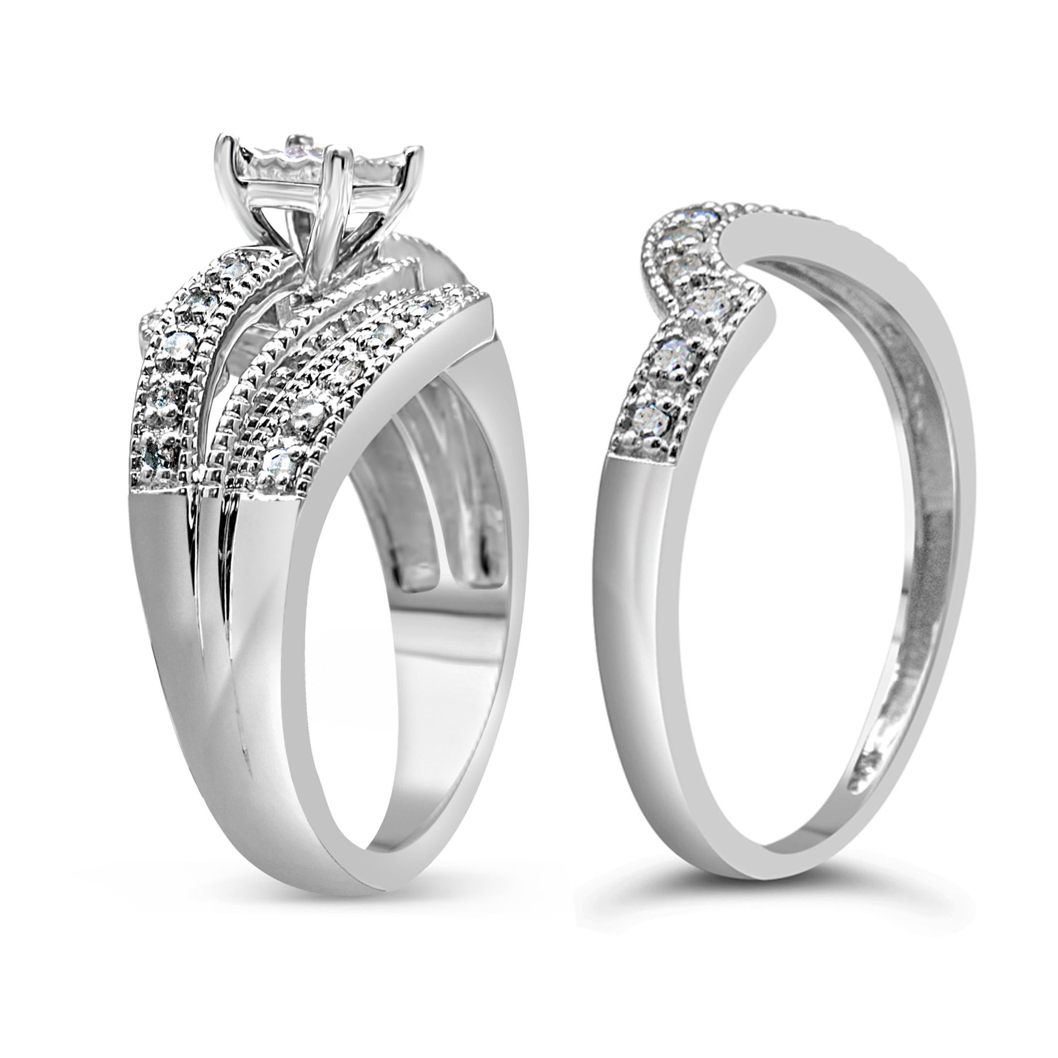 For Sale:  .925 Sterling Silver 1/3 Carat Diamond Crisscross Engagement Ring Bridal Set 3