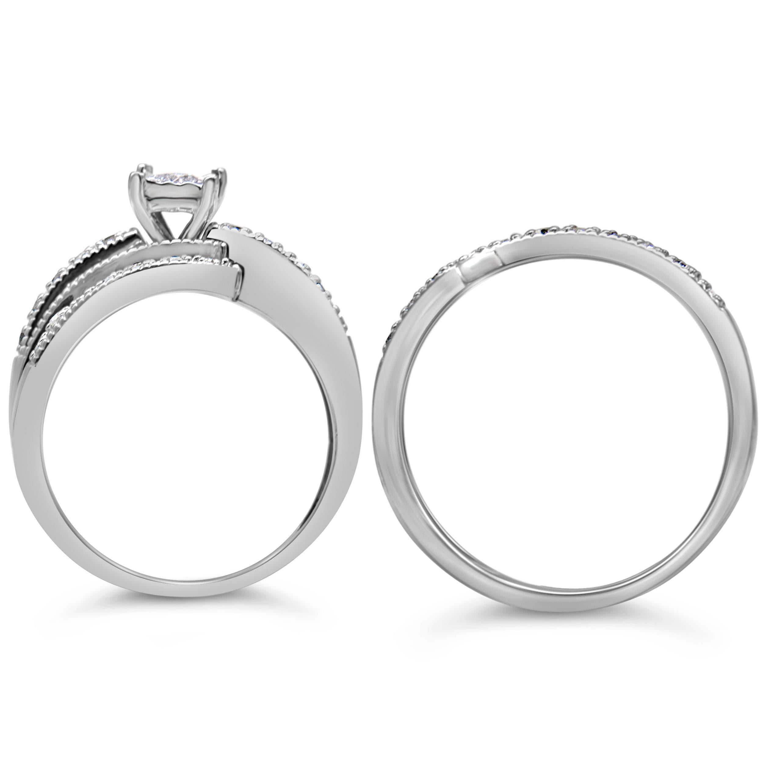 For Sale:  .925 Sterling Silver 1/3 Carat Diamond Crisscross Engagement Ring Bridal Set 4