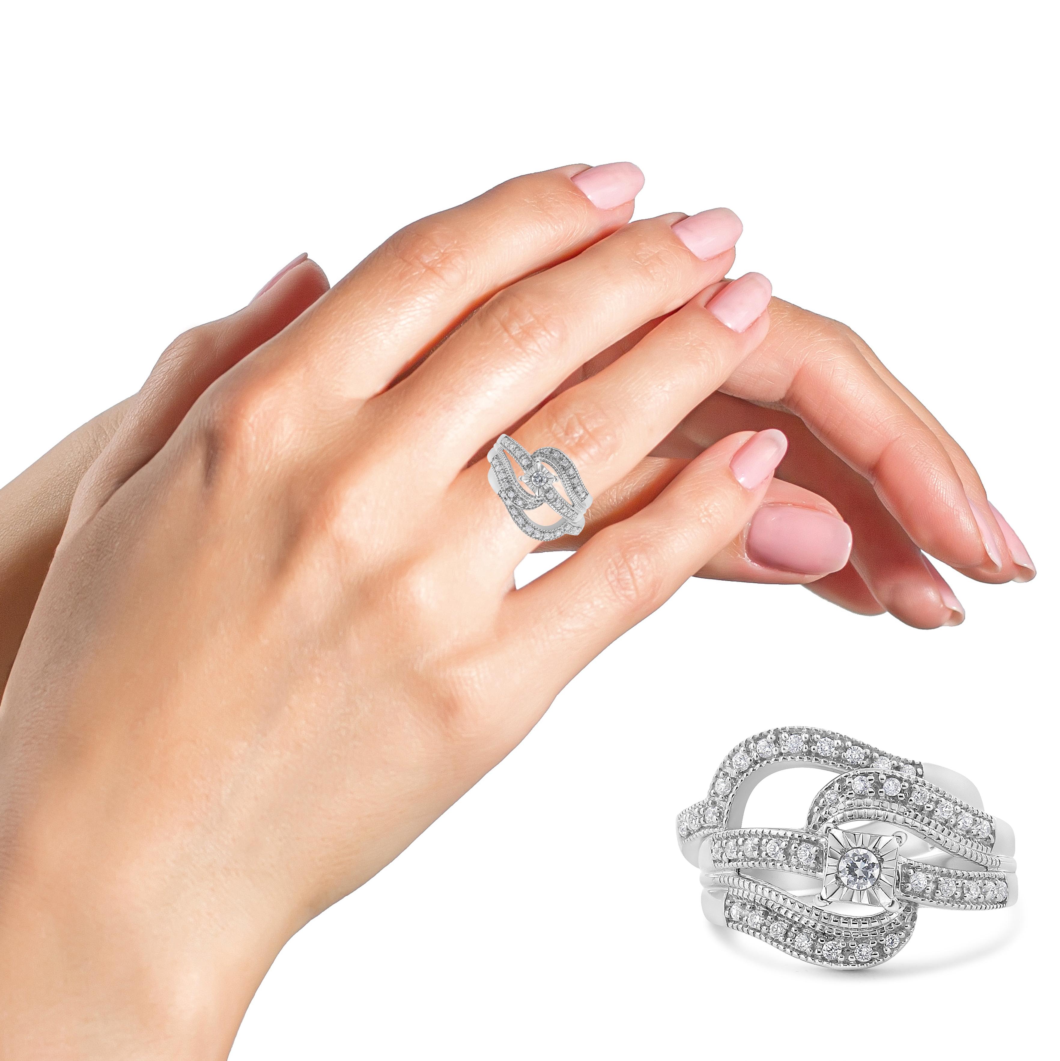 For Sale:  .925 Sterling Silver 1/3 Carat Diamond Crisscross Engagement Ring Bridal Set 5