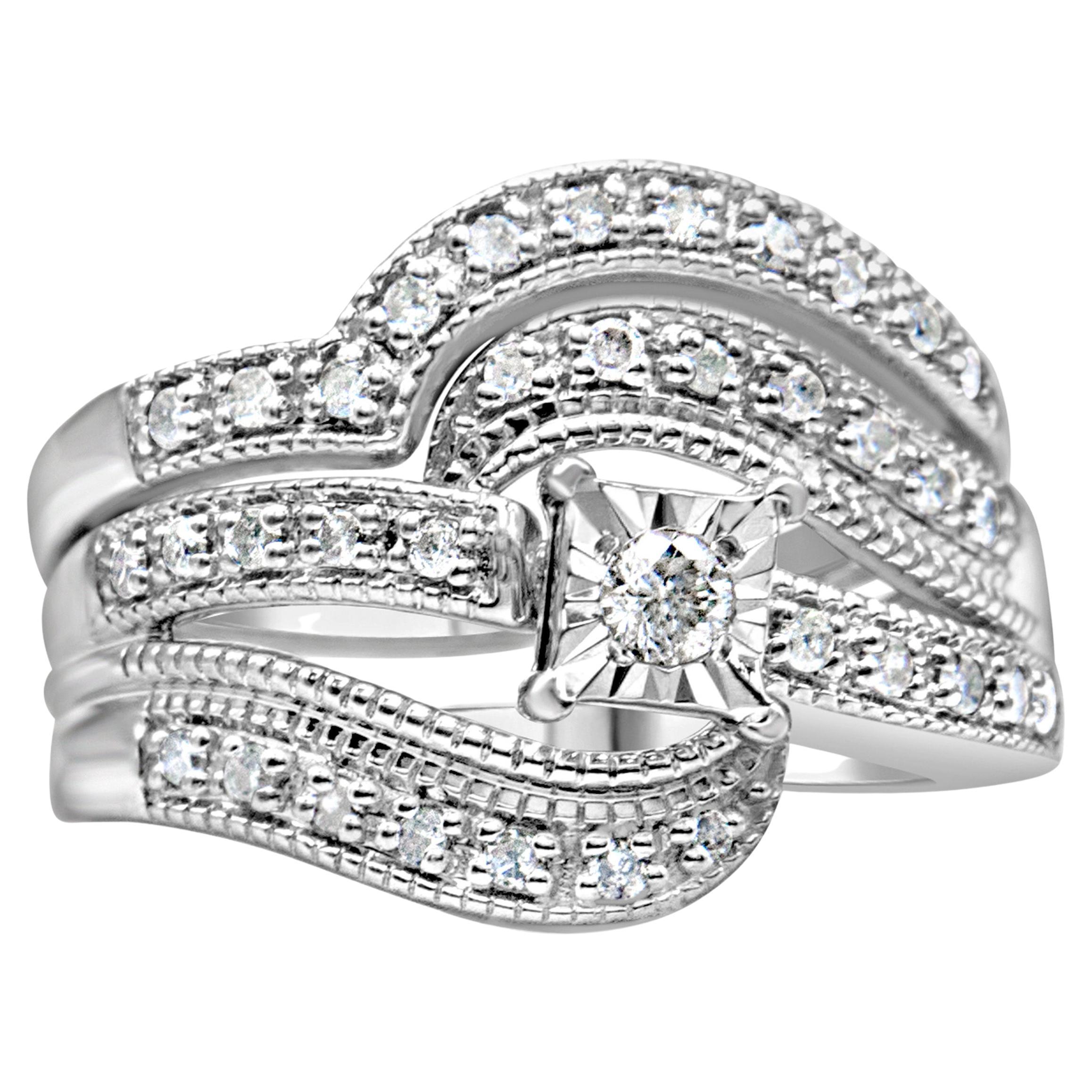 For Sale:  .925 Sterling Silver 1/3 Carat Diamond Crisscross Engagement Ring Bridal Set