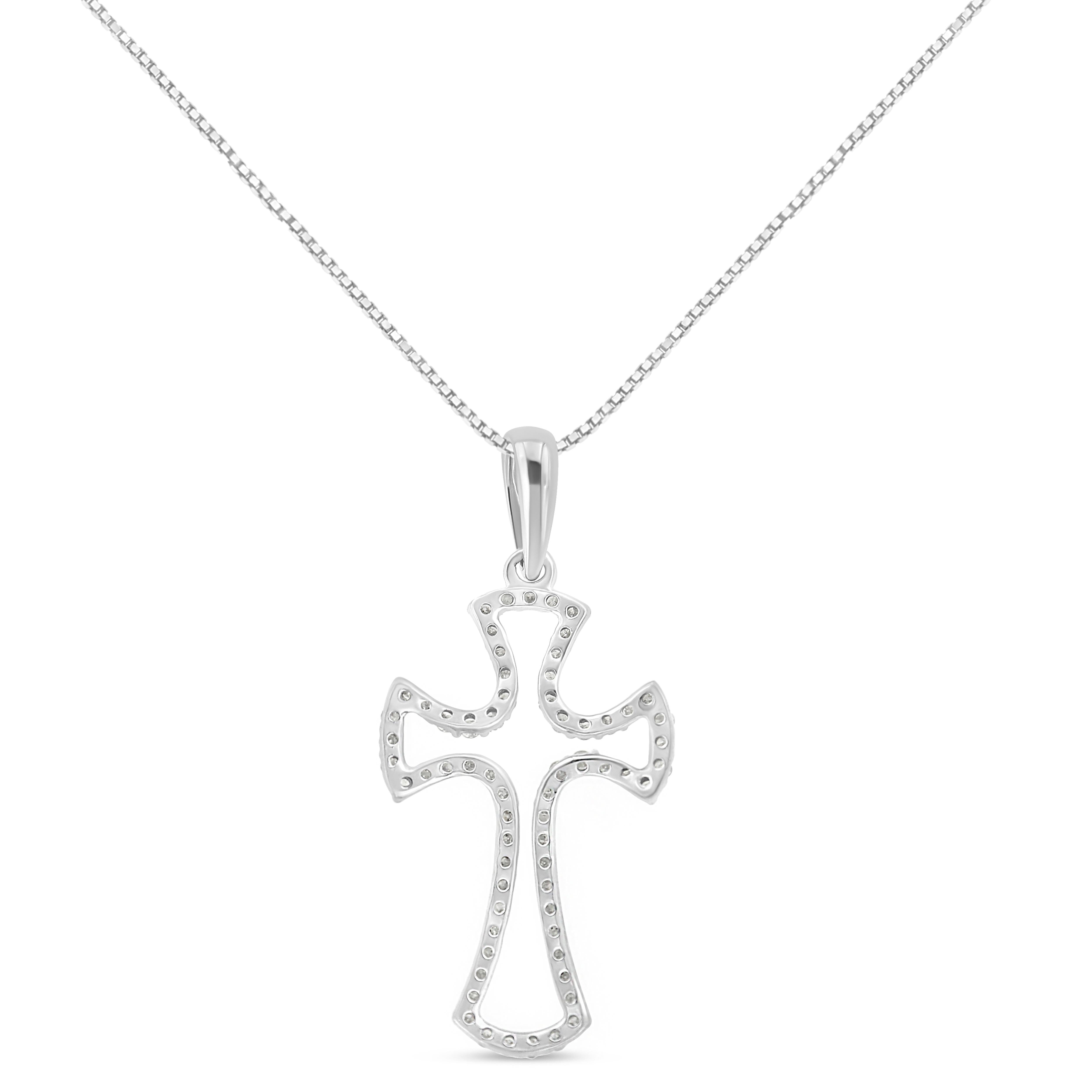 Modern .925 Sterling Silver 1/3 Carat Diamond Framed Open Cross Pendant Necklace For Sale