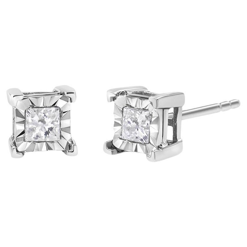 .925 Sterling Silver 1/3 Carat Princess-Cut Diamond Solitaire Stud Earrings For Sale