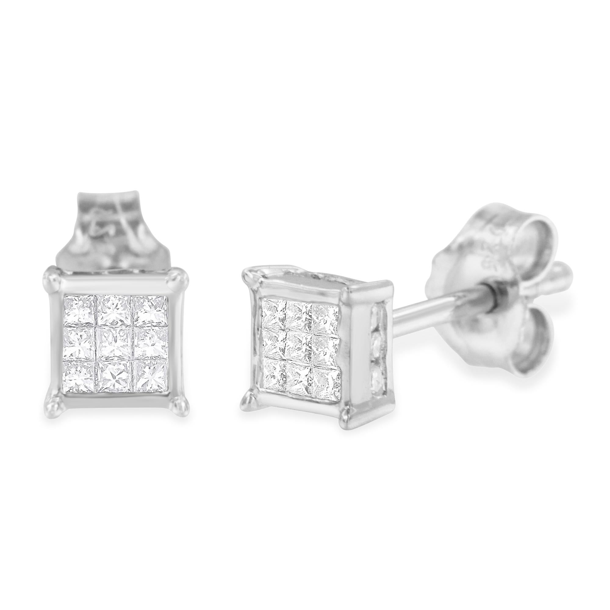 .925 Sterling Silver 1/3 Carat Princess Cut Diamond Square Stud Earrings Moderno en venta