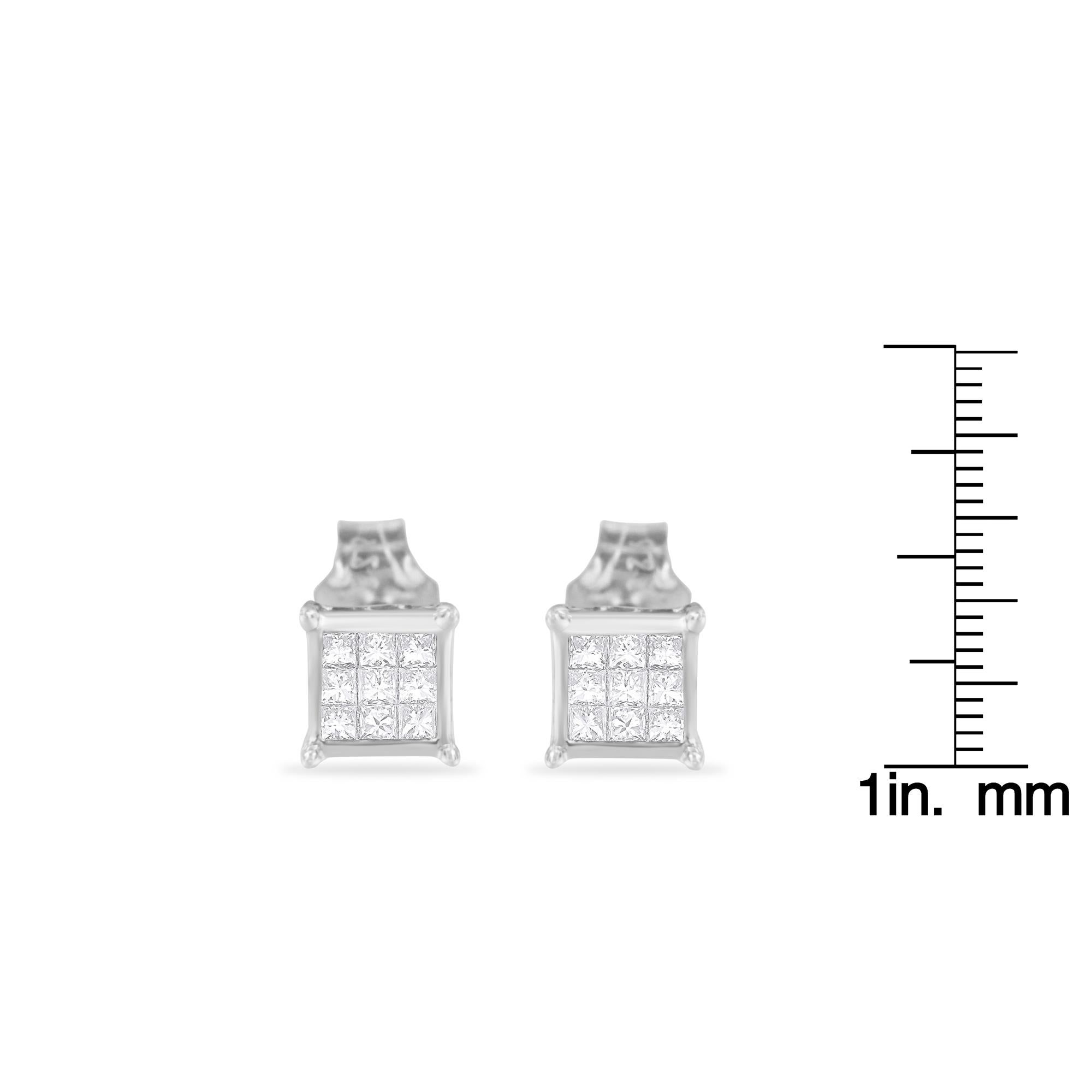 .925 Sterling Silver 1/3 Carat Princess Cut Diamond Square Stud Earrings en Nuevo estado para la venta en New York, NY