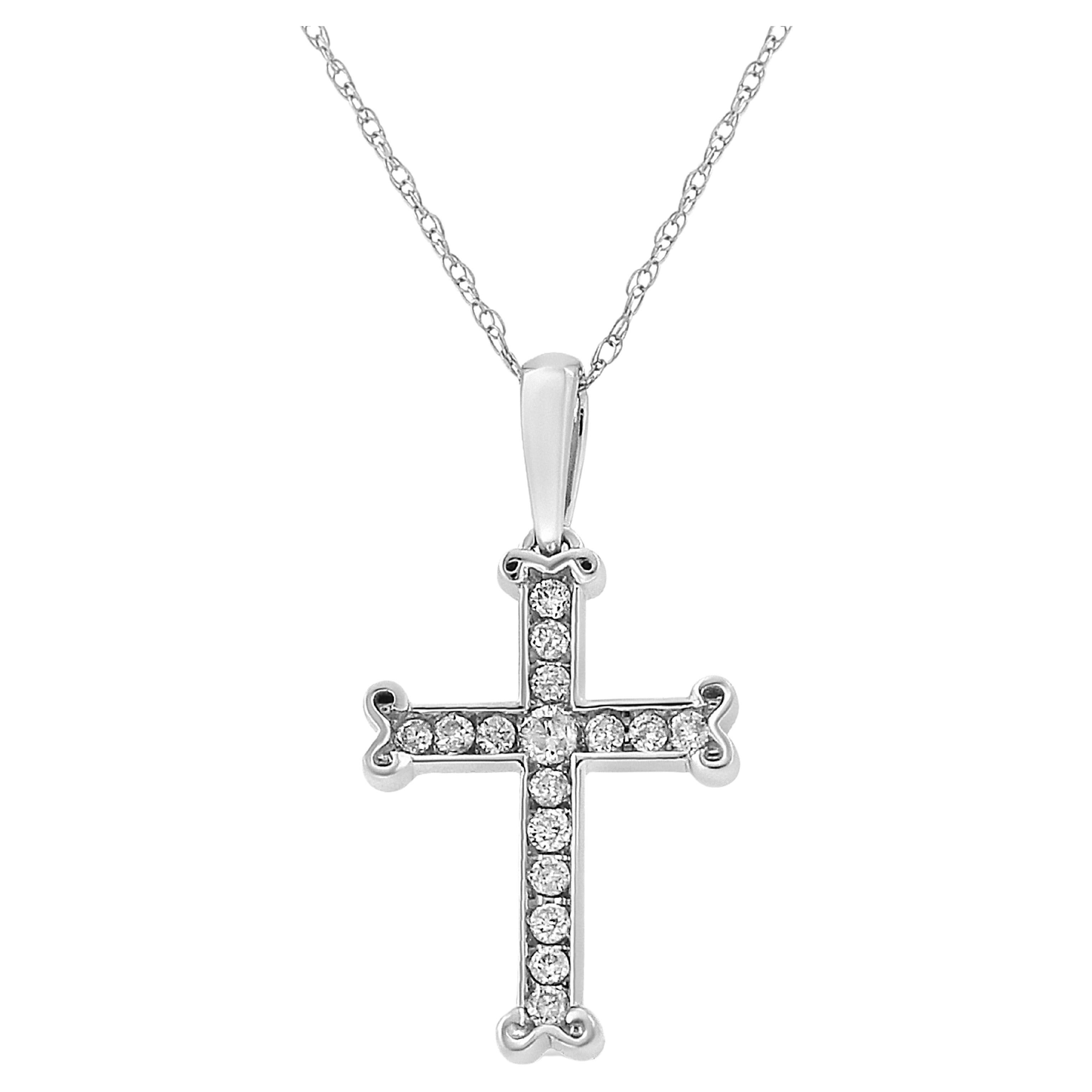 .925 Sterling Silver 1/3 Carat Round-Cut Diamond Cross 18" Pendant Necklace For Sale