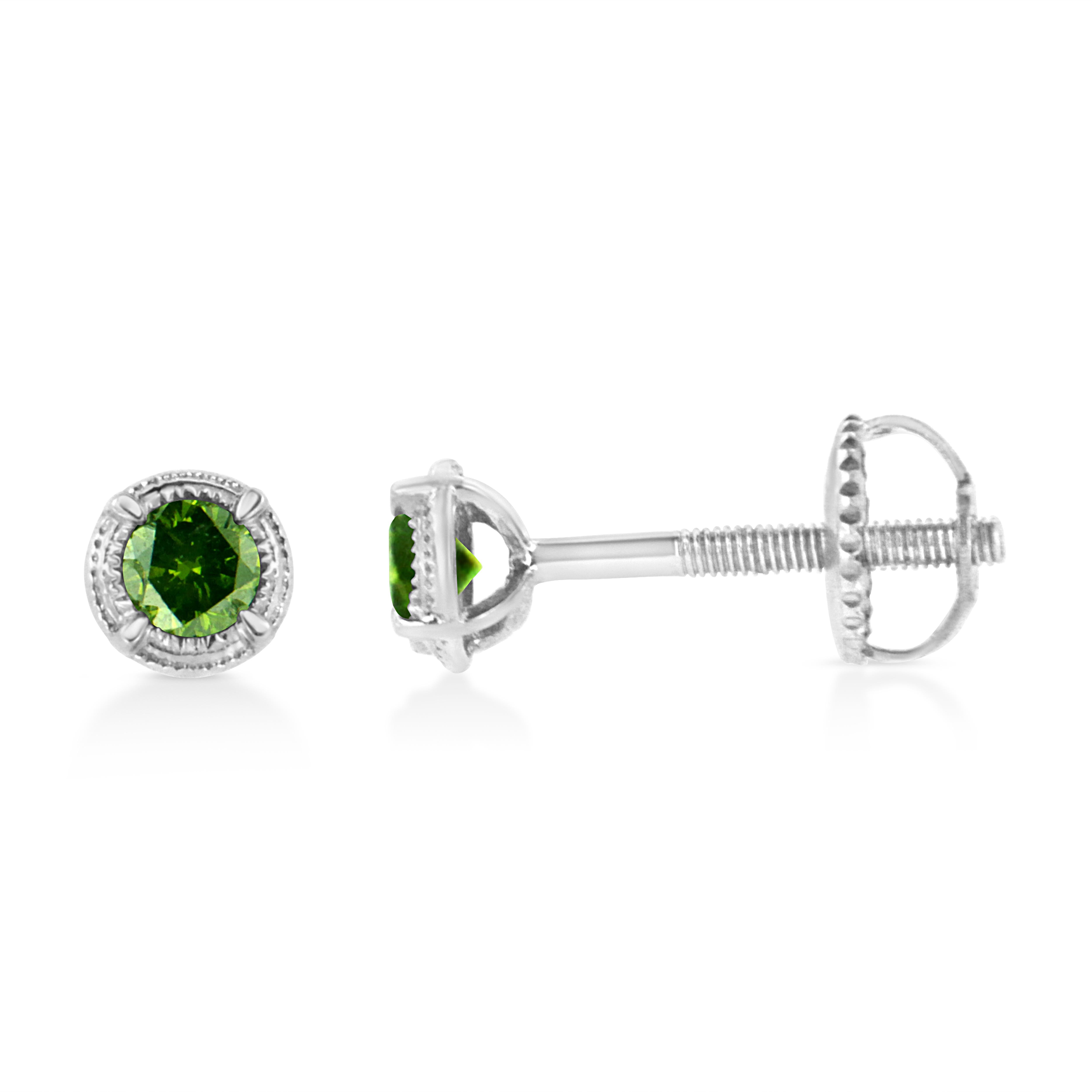 Add this stunningly unique diamond stud earrings to your jewelry collection and impress all your girlfriends. This beautiful pair of studs are made from the finest .925 sterling silver, and is embellished with treated, green round-cut diamonds in a