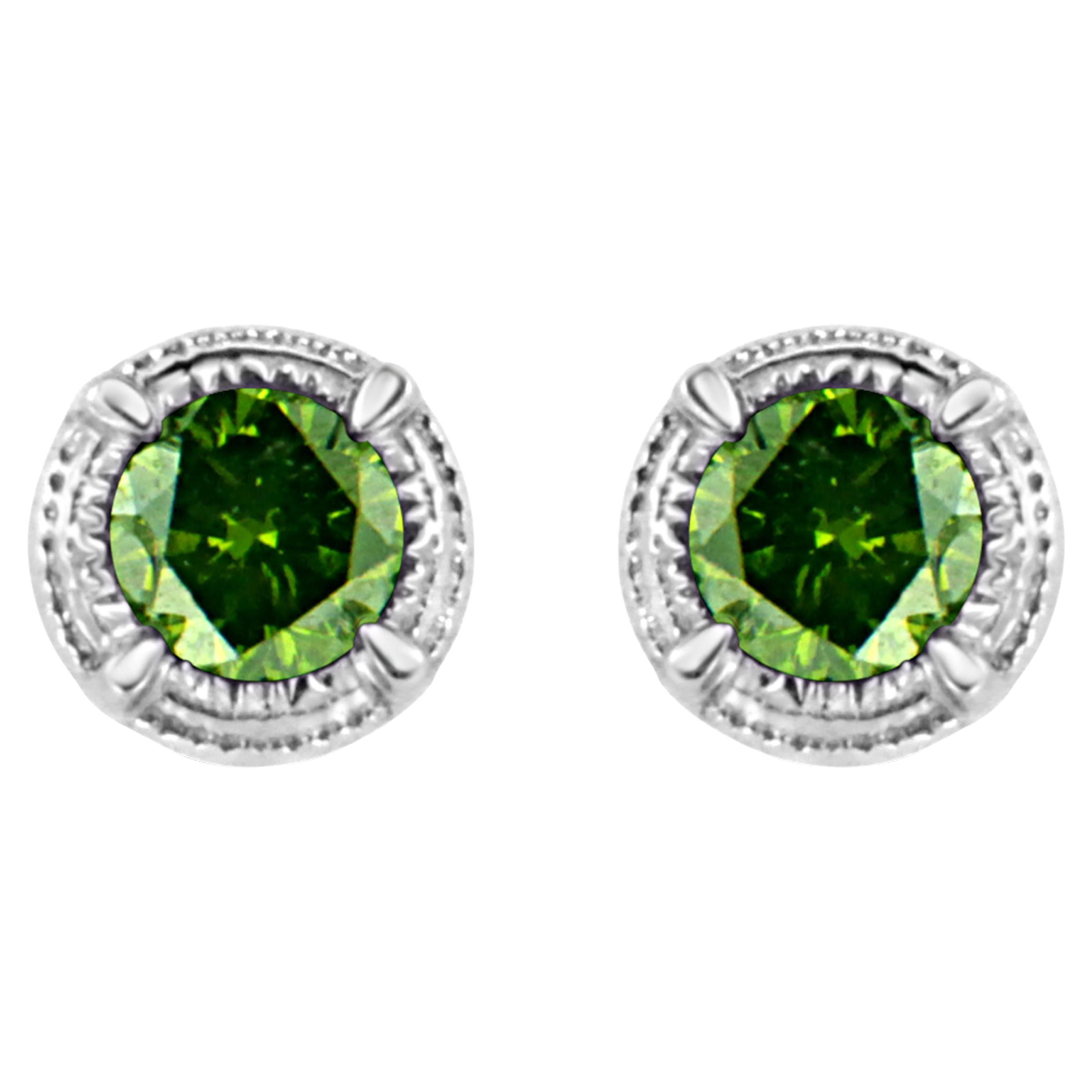 .925 Sterling Silver 1/3 Carat Treated Green Diamond Milgrain Stud Earrings For Sale