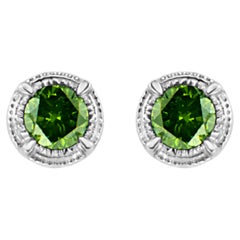 .925 Sterling Silver 1/3 Carat Treated Green Diamond Milgrain Stud Earrings