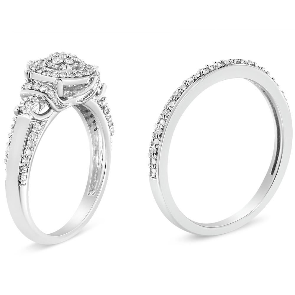 Round Cut .925 Sterling Silver 1/3 Cttw Diamond 7 Stone Cluster and Halo Engagement Ring For Sale