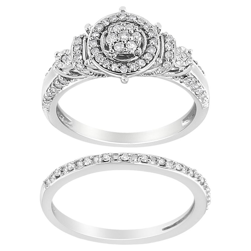 .925 Sterling Silver 1/3 Cttw Diamond 7 Stone Cluster and Halo Engagement Ring