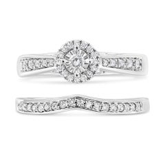 .925 Sterling Silver 1/3 Cttw Diamond Halo and Pave Shank Engagement Ring Set