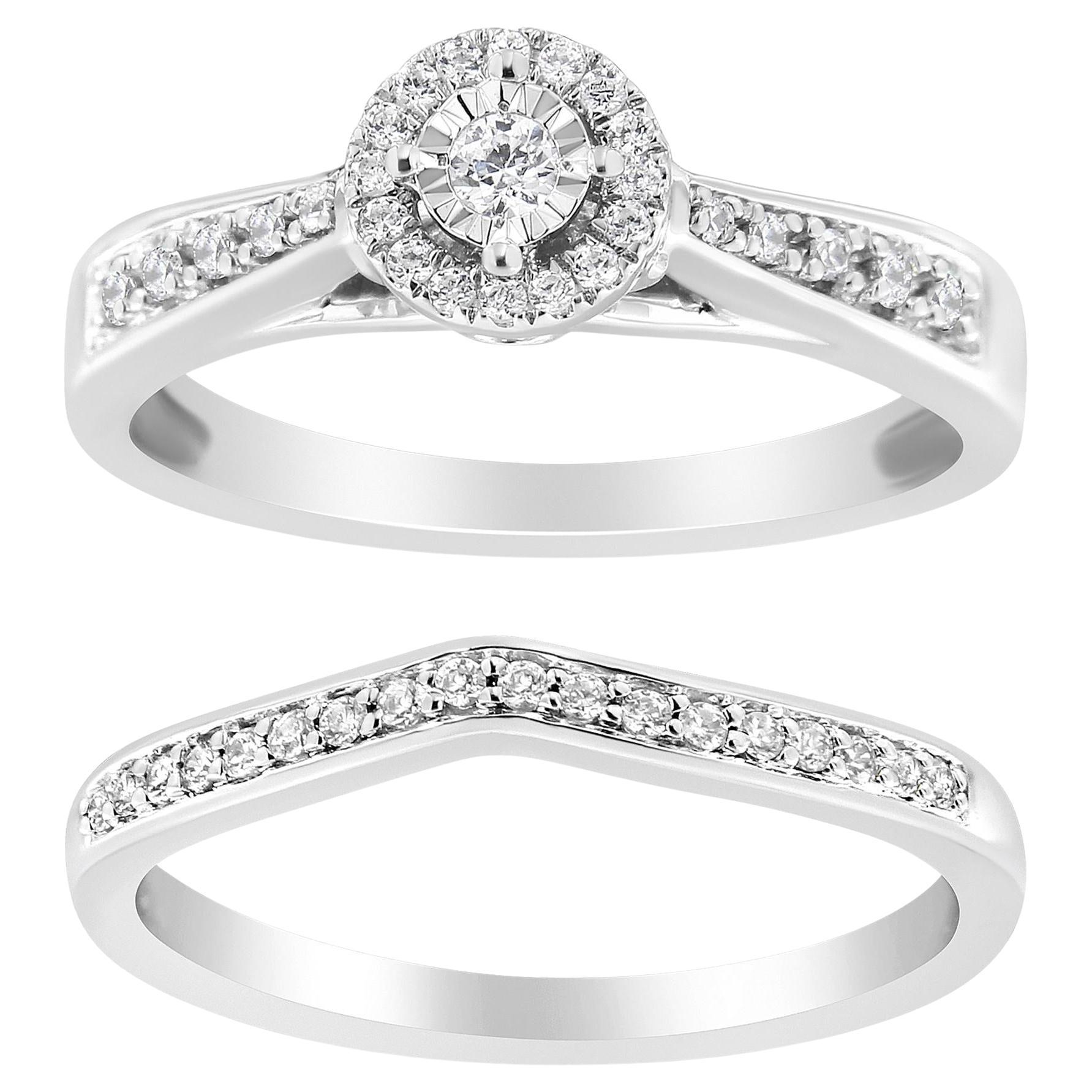 .925 Sterling Silver 1/3 Cttw Diamond Halo and Pave Shank Engagement Ring Set