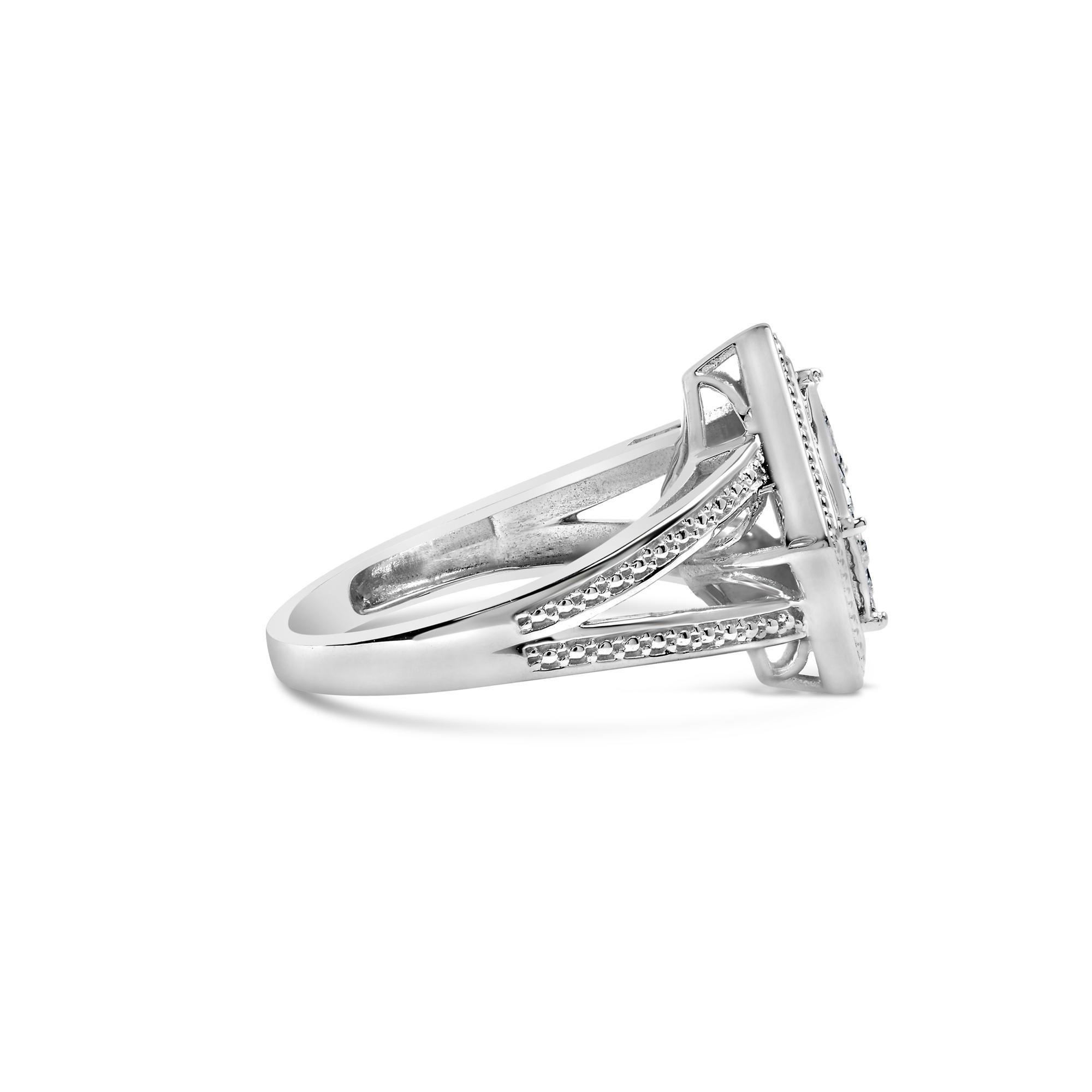 Introducing a mesmerizing masterpiece crafted for the elegant souls! This .925 Sterling Silver Rhombus and Beaded Halo Ring effortlessly captures attention with its invisible set Princess-Cut Diamonds. With a total weight of 1/3 cttw, the 36