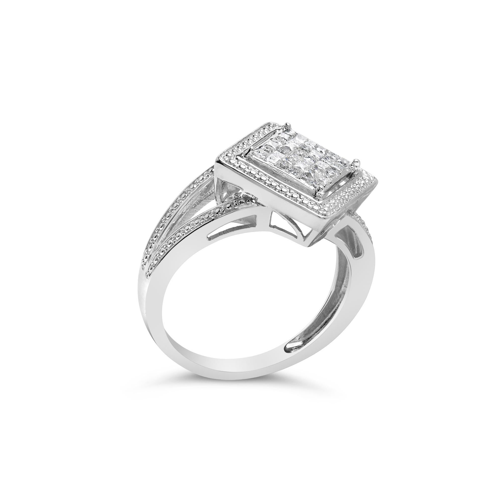 Modern .925 Sterling Silver 1/3 Cttw Princess Diamond Ring For Sale