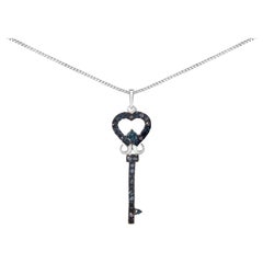 .925 Sterling Silver 1/3 Ctw Blue Treated Diamond Studded Key Pendant Necklace