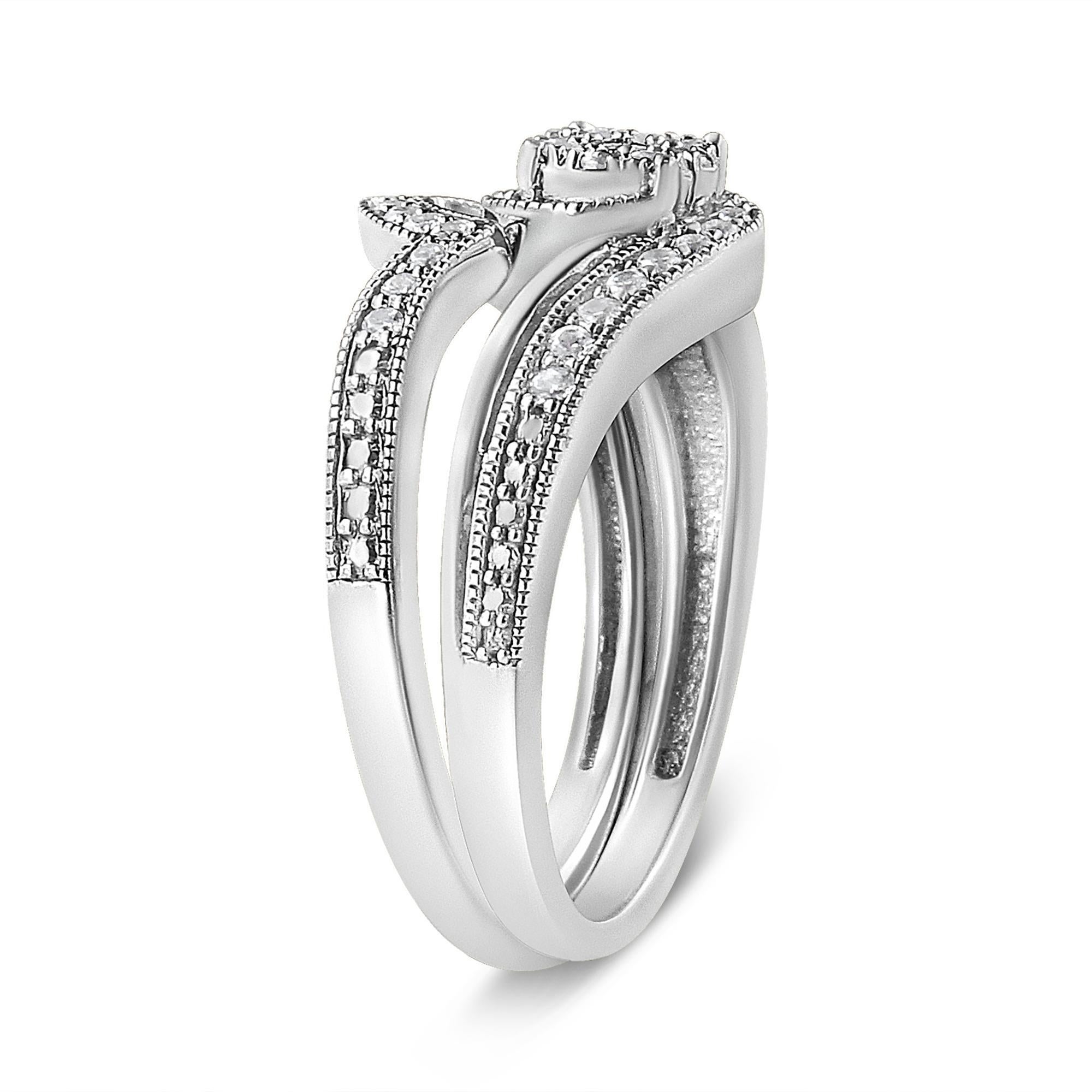 Moderne Bague et bracelet de mariage en argent sterling .925 avec bypass à diamants multiples de 1/3ct en vente