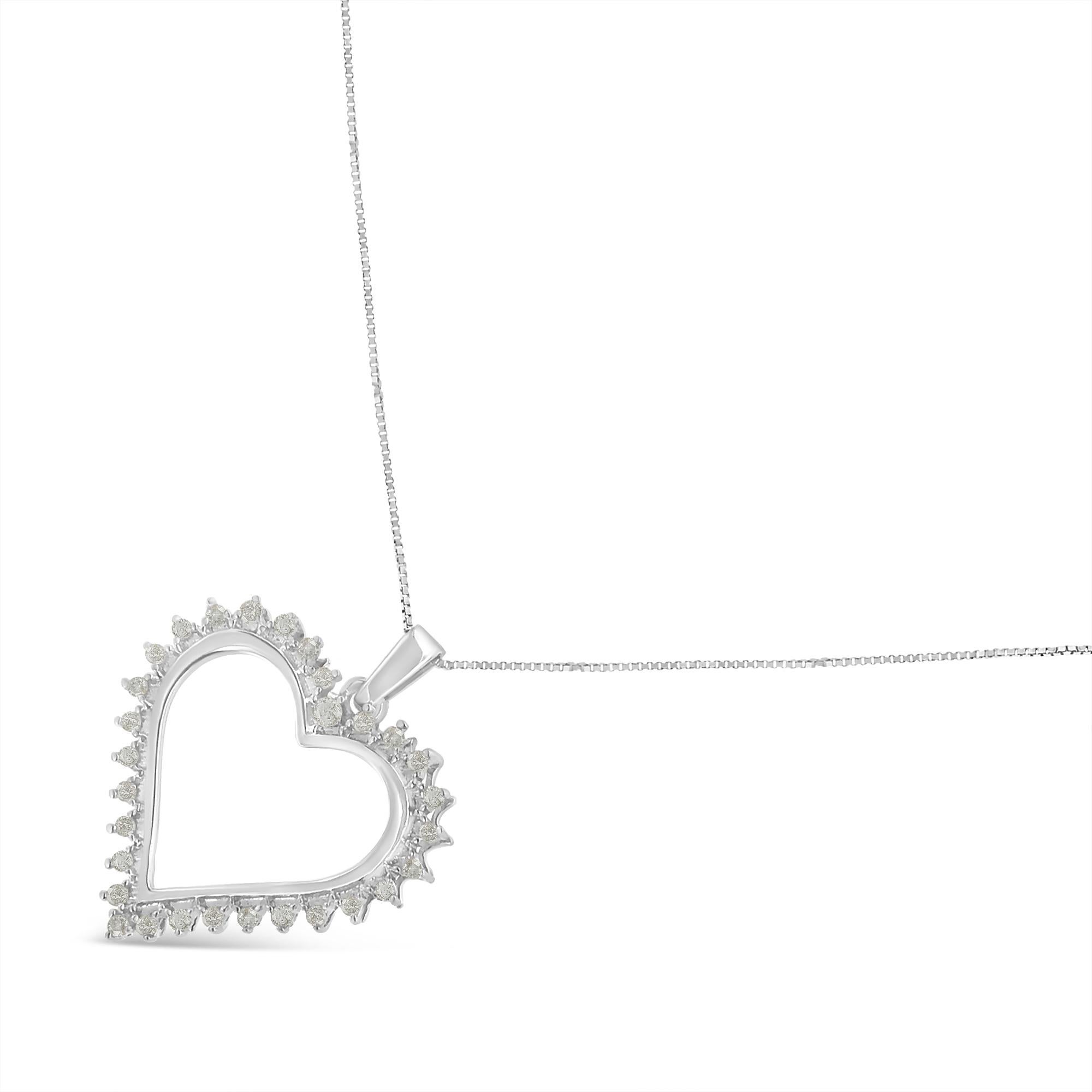 Modern .925 Sterling Silver 1/4 Carat 3-Prong Diamond Open Heart Pendant Necklace For Sale