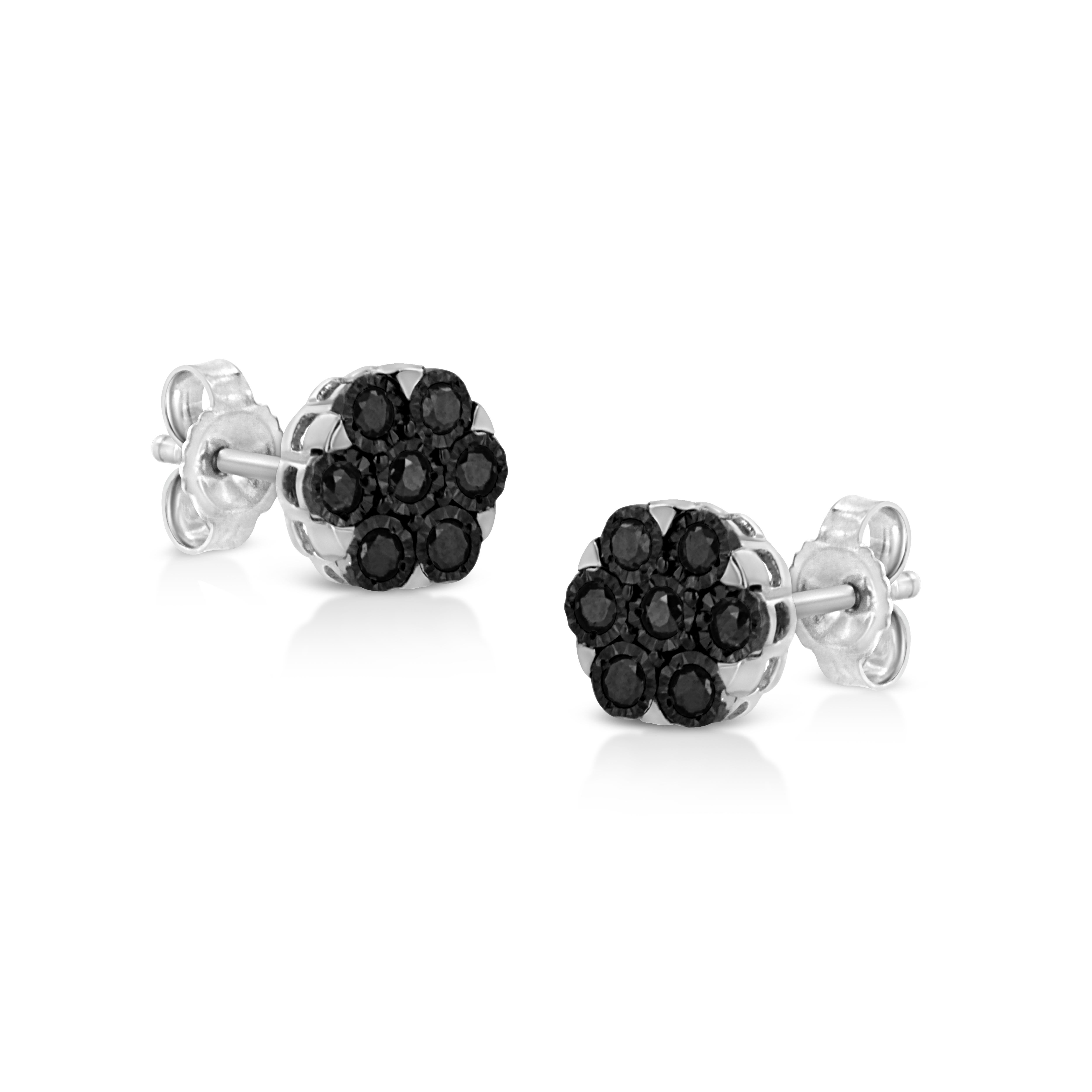 You will fall in love with these classic cluster stud earrings. A must have for any serious jewelry collection, these .925 sterling earrings boast 0.25 carat total weight of treated black diamonds with seven stones each. The earrings are floral