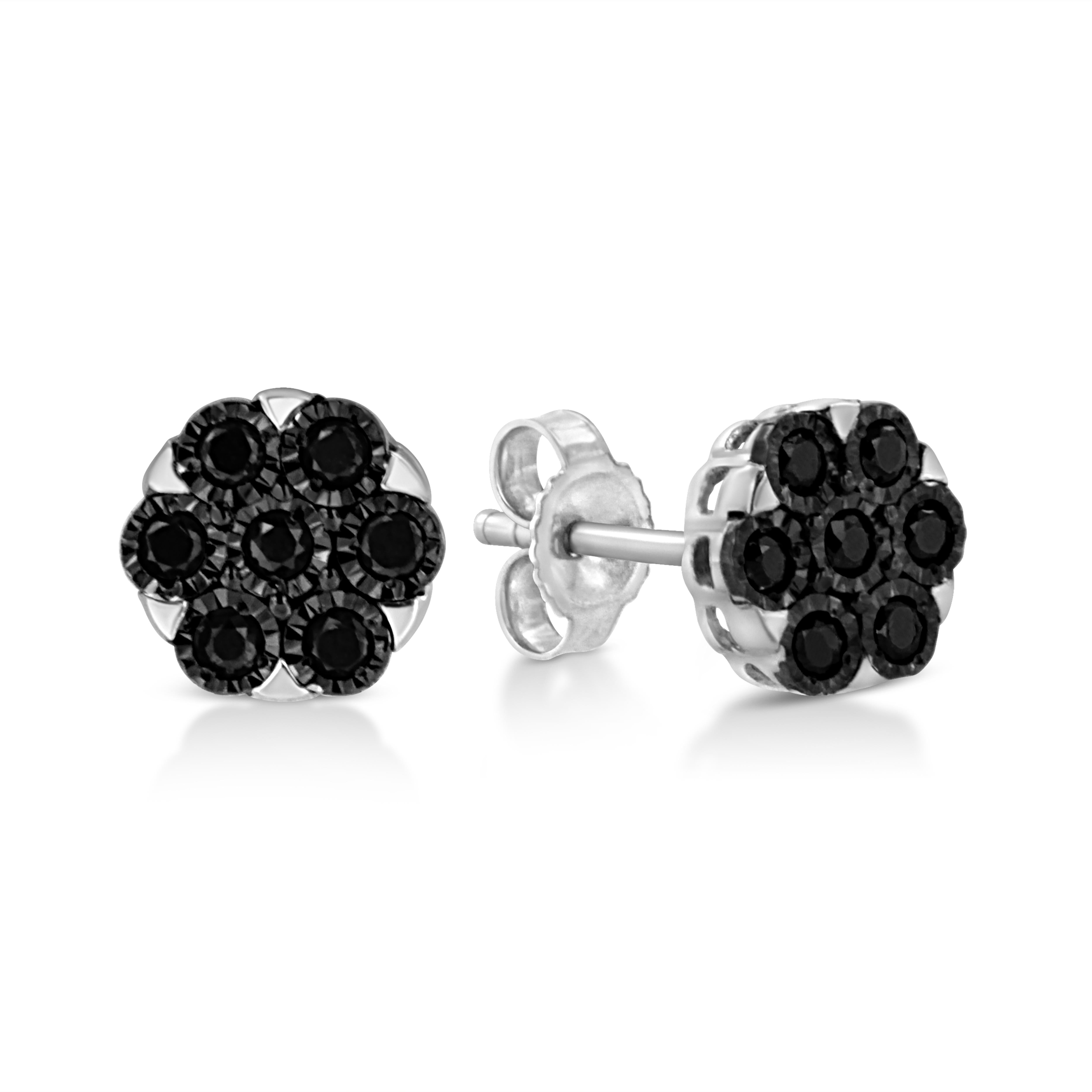Contemporary .925 Sterling Silver 1/4 Carat Color Treated Black Diamond Flower Stud Earrings For Sale