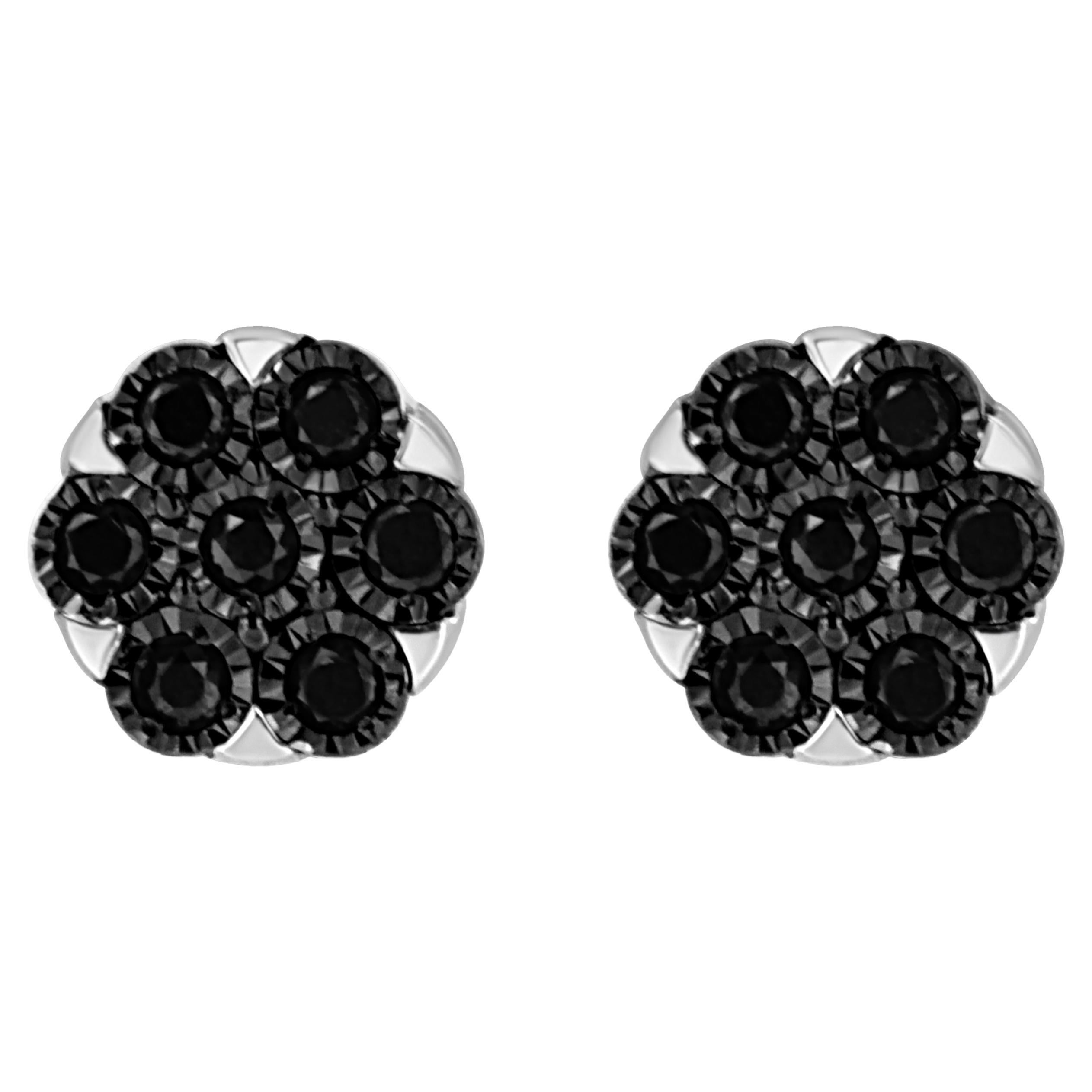 .925 Sterling Silver 1/4 Carat Color Treated Black Diamond Flower Stud Earrings