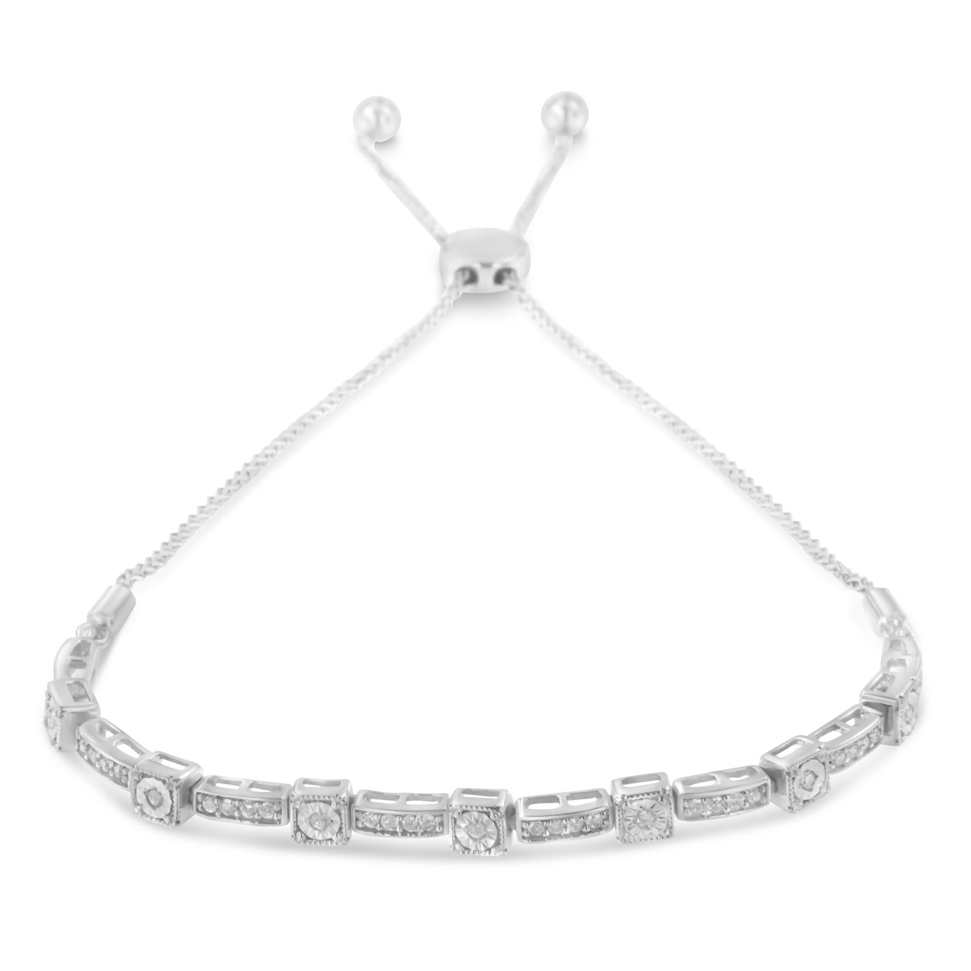 Express your affection to her with this dazzling bolo bracelet. Uniquely designed, it is composed of sleek sterling silver, which is finely polished with grace. The bracelet features round, and rectangular accents that are adorned with flickering