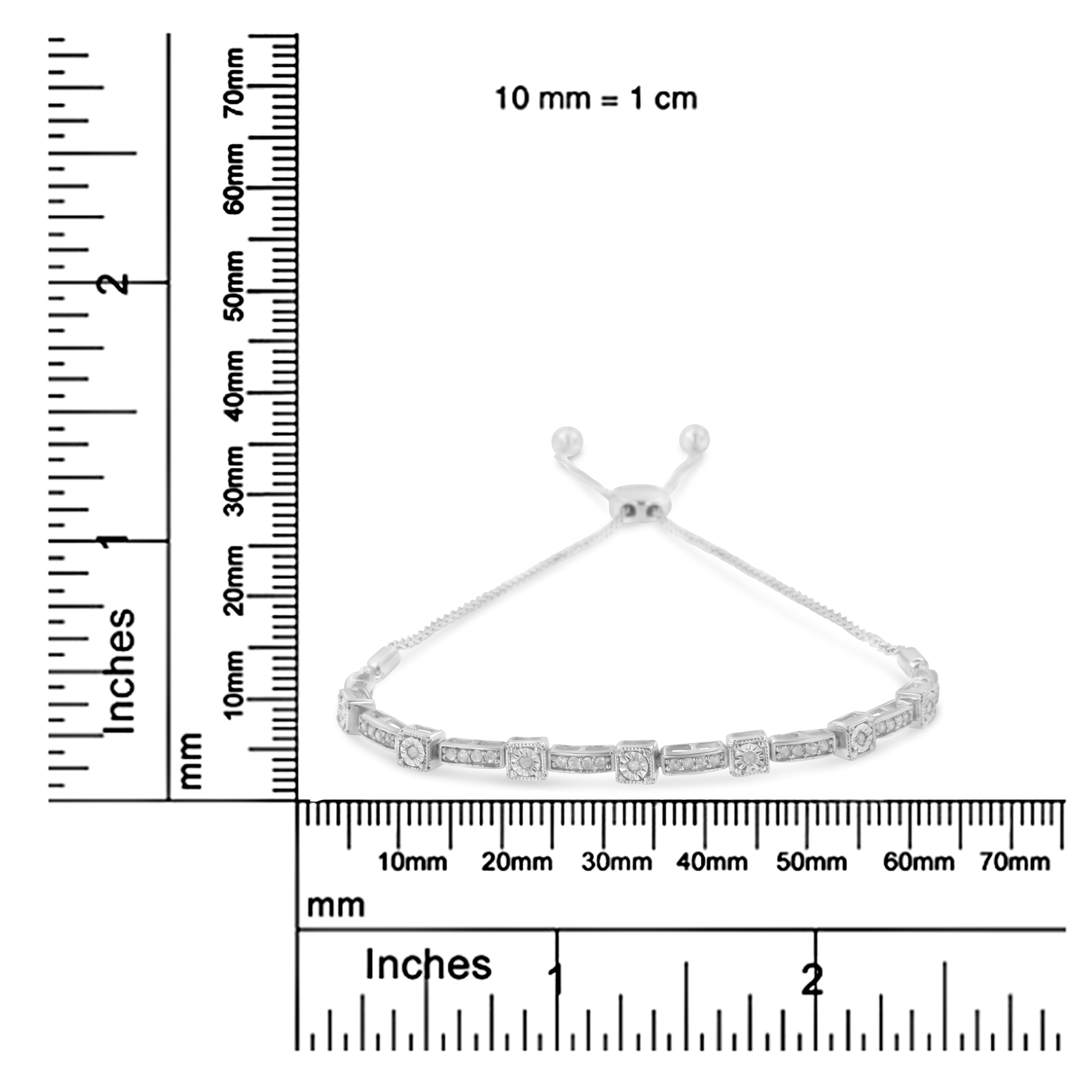 Round Cut .925 Sterling Silver 1/4 Carat Diamond Adjustable Alternating Bolo Bracelet For Sale