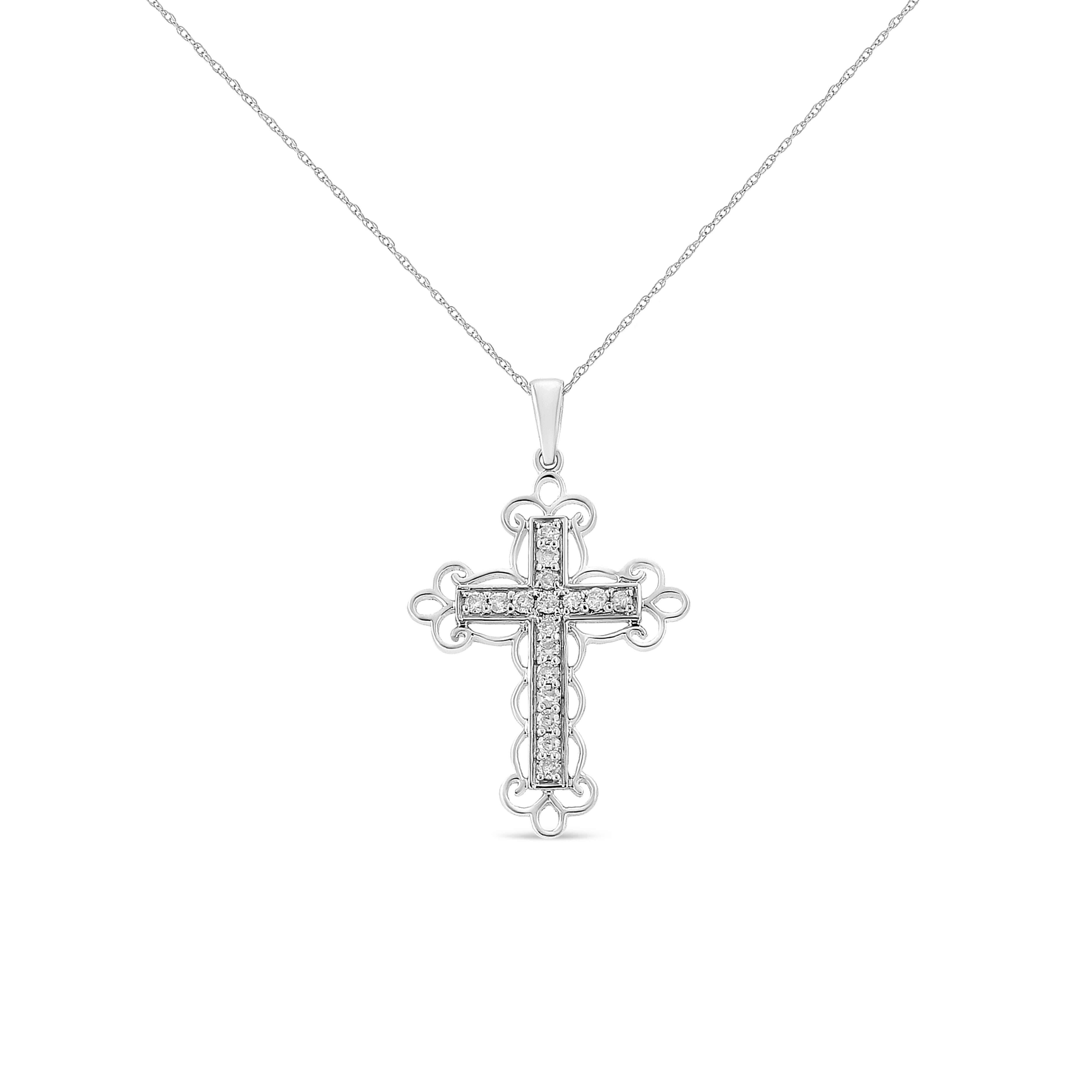 Celebrate your inner spirituality with this magnificent art-deco diamond cross pendant. This necklace is embellished with a 1/4 cttw of natural, round-cut diamonds. Silver spirals all around the cross to create a fancy eye-catching design. The
