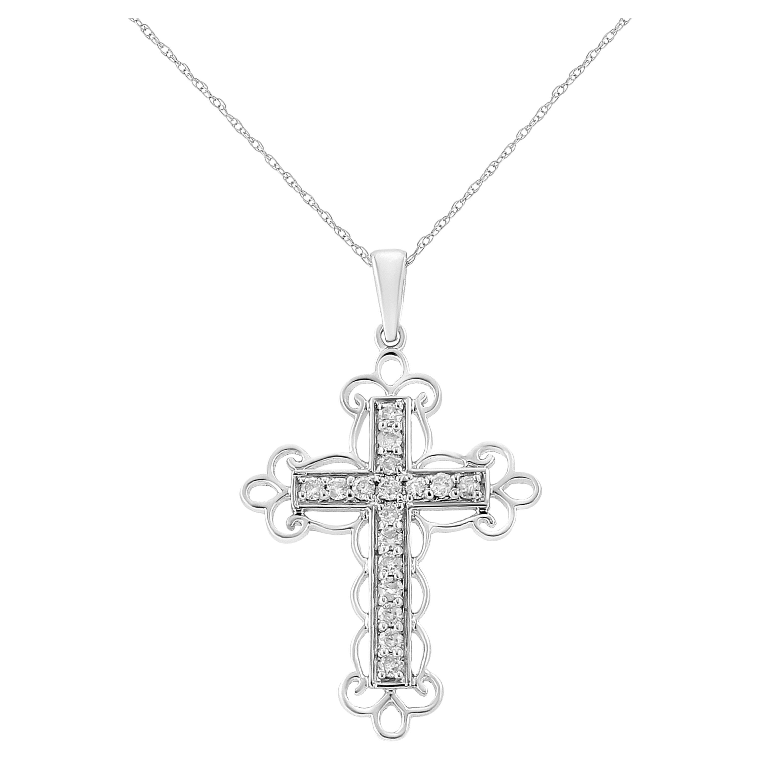 .925 Sterling Silver 1/4 Carat Diamond Art Deco Style Cross Pendant Necklace