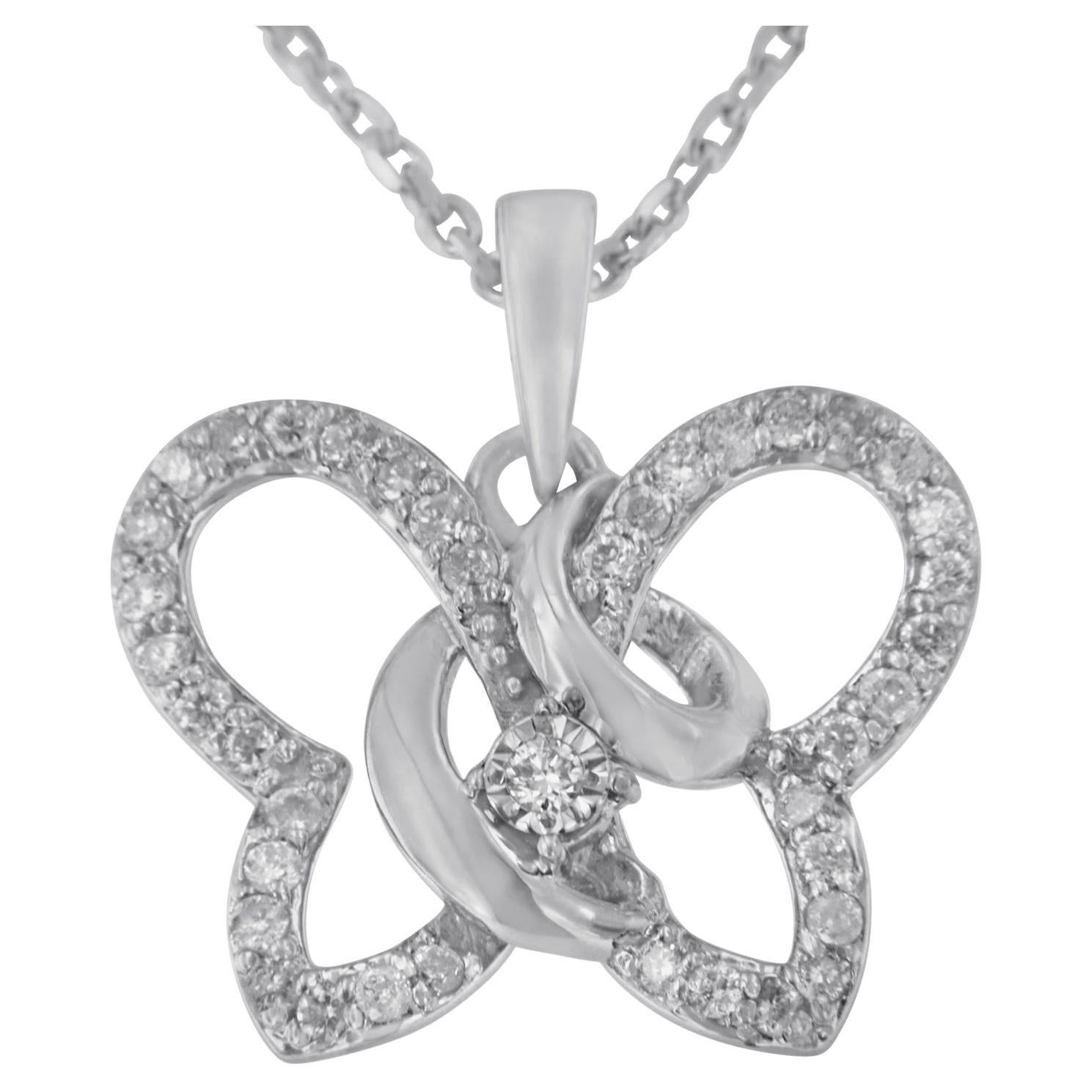 .925 Sterling Silver 1/4 Carat Diamond Butterfly Pendant Necklace with Box Chain For Sale